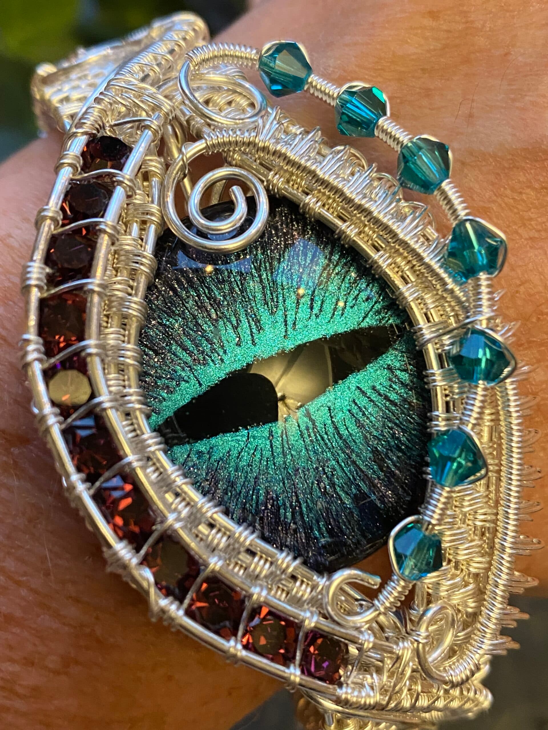 Dragon Eye Cuff Bracelet | Silver Filled Wire & Swarovski Crystals, view 3