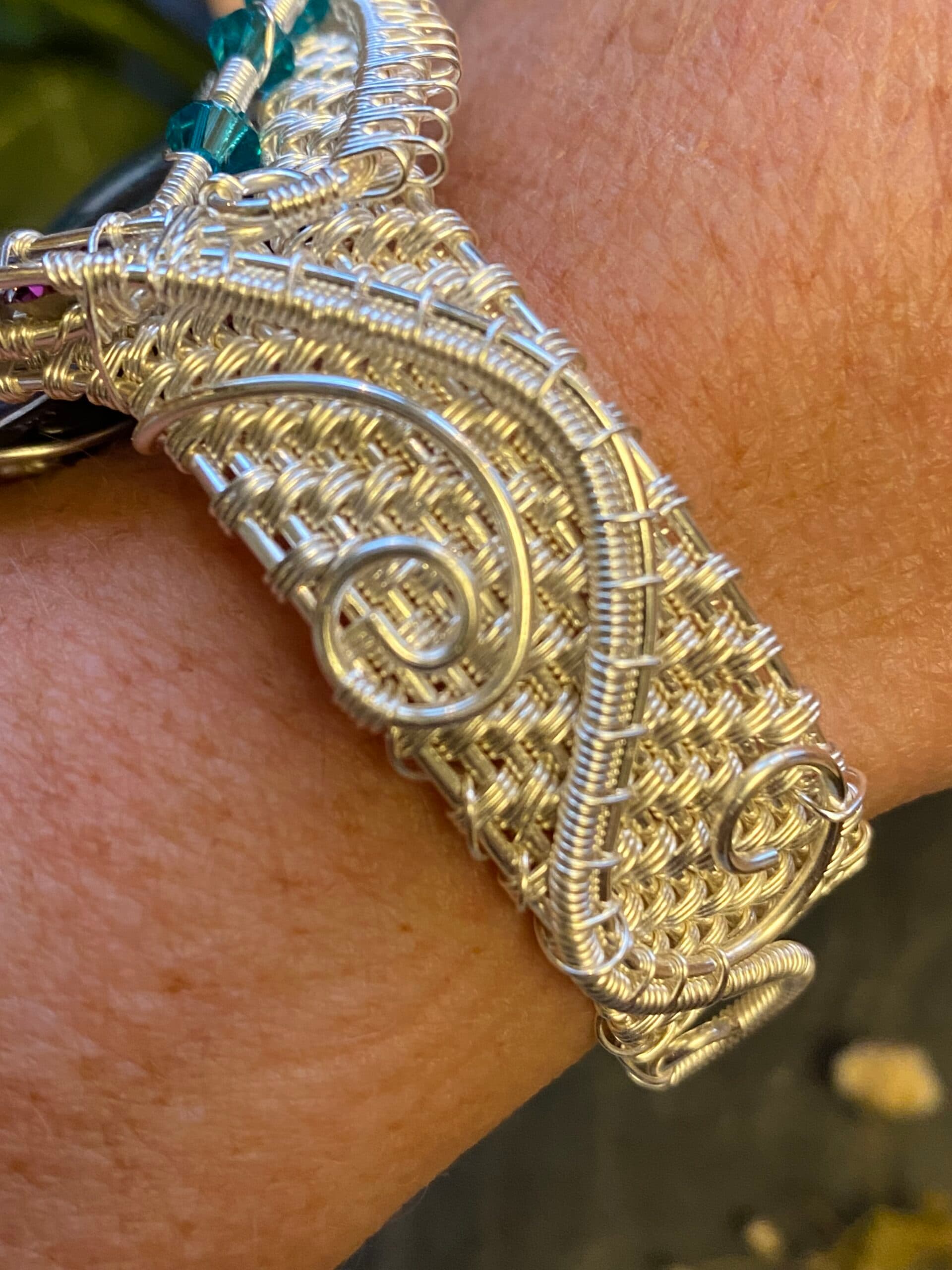 Dragon Eye Cuff Bracelet | Silver Filled Wire & Swarovski Crystals, view 4