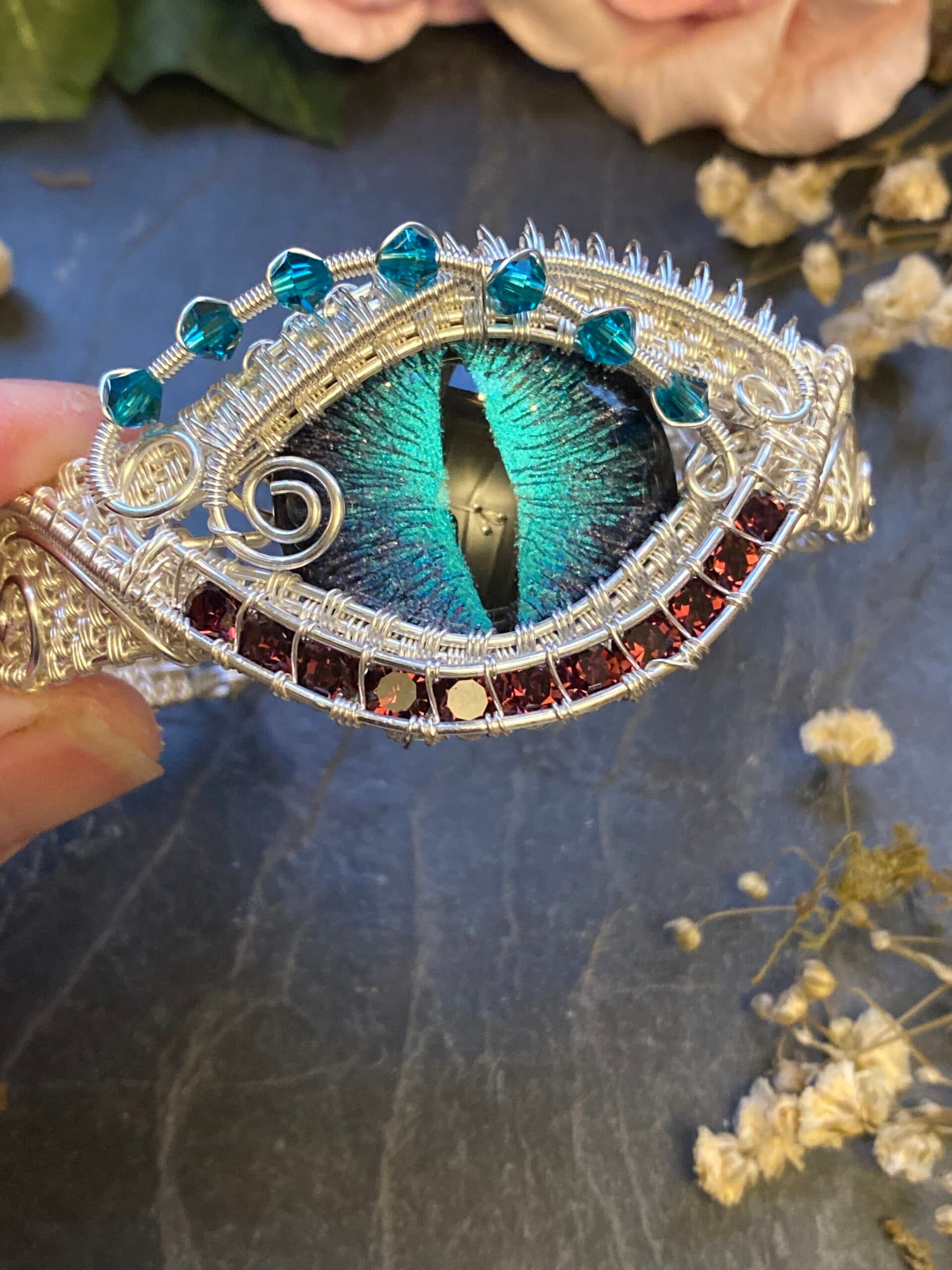 Dragon Eye Cuff Bracelet | Silver Filled Wire & Swarovski Crystals, view 6
