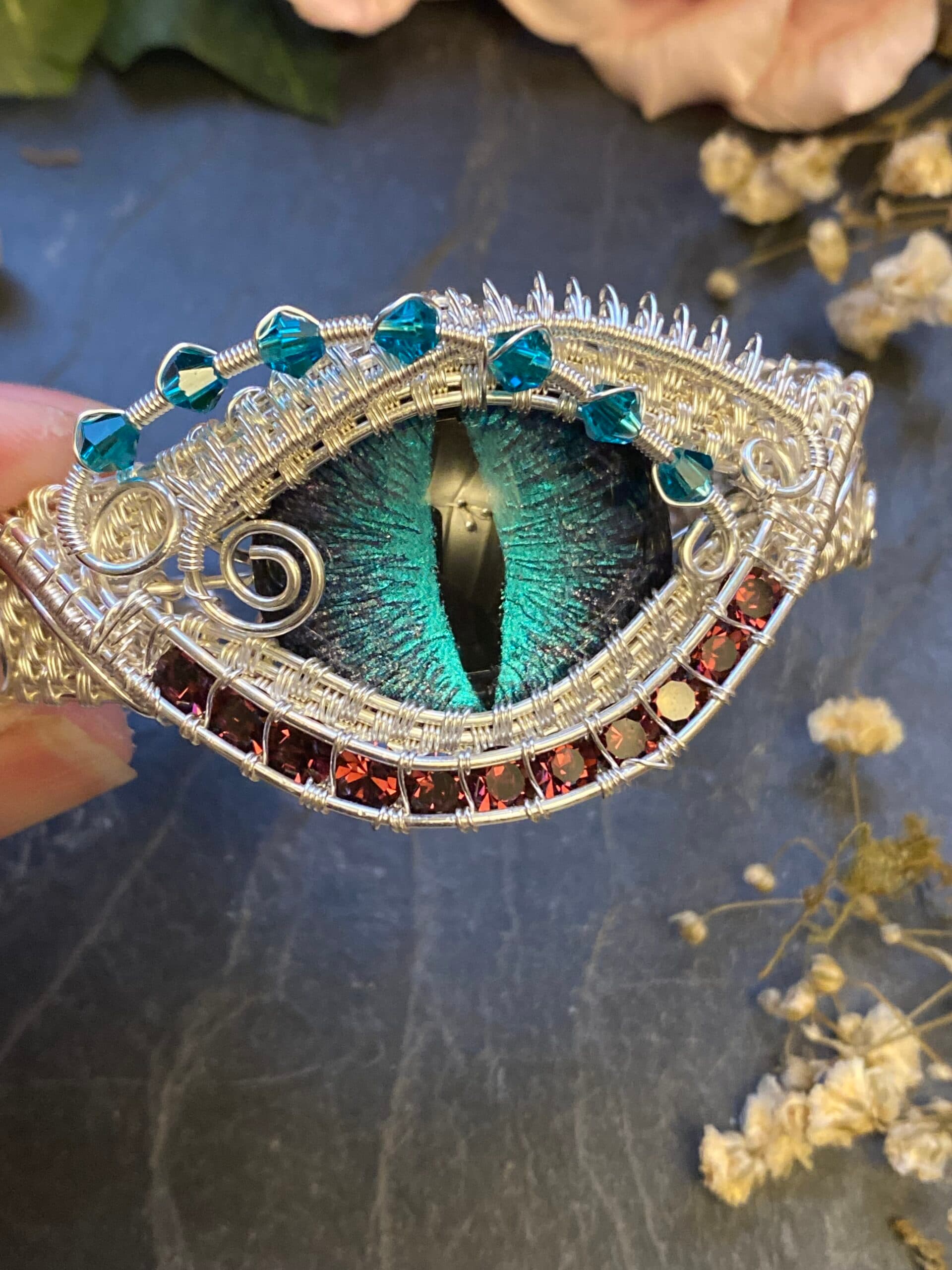 Dragon Eye Cuff Bracelet | Silver Filled Wire & Swarovski Crystals, view 7