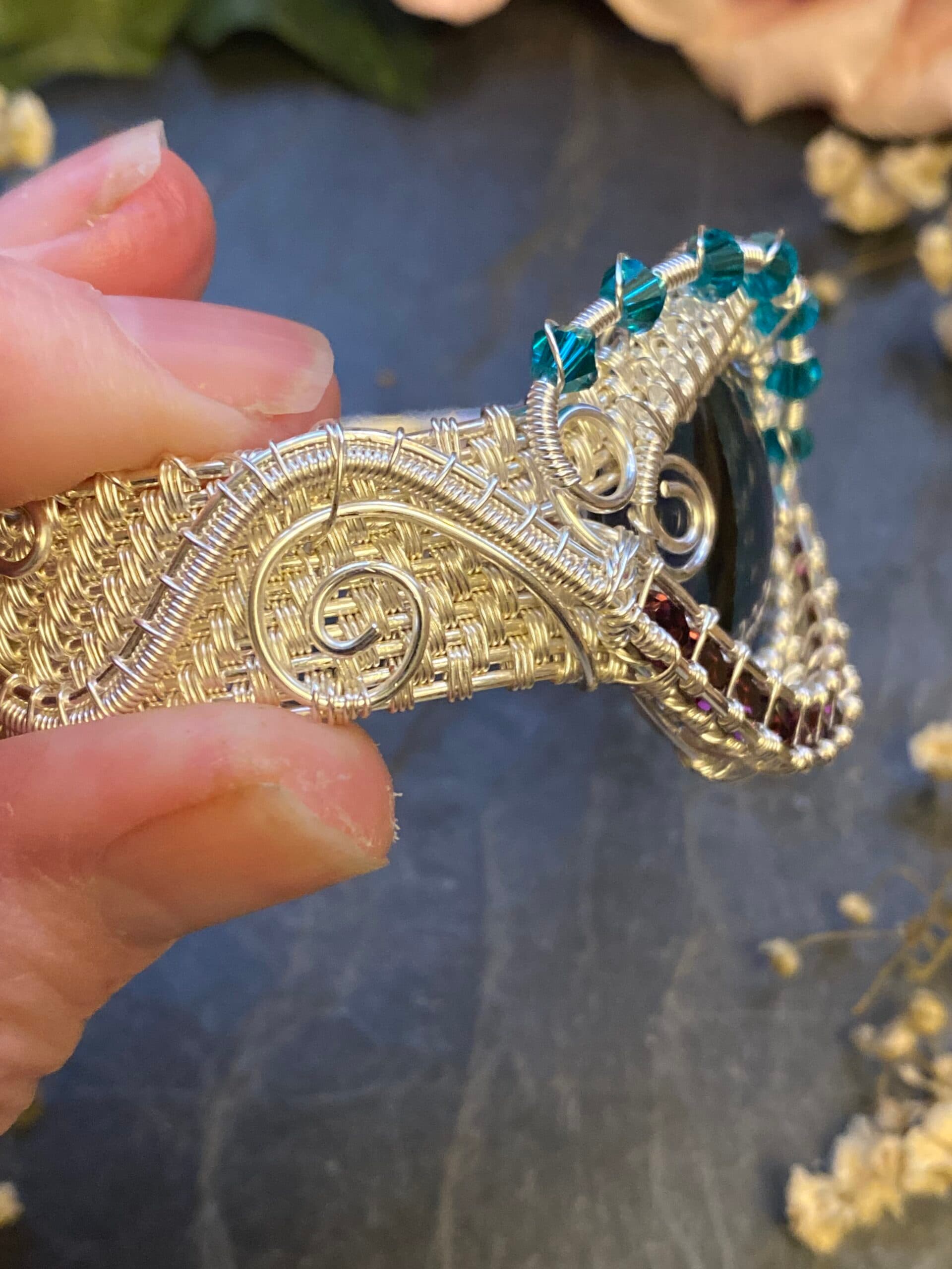 Dragon Eye Cuff Bracelet | Silver Filled Wire & Swarovski Crystals, view 8