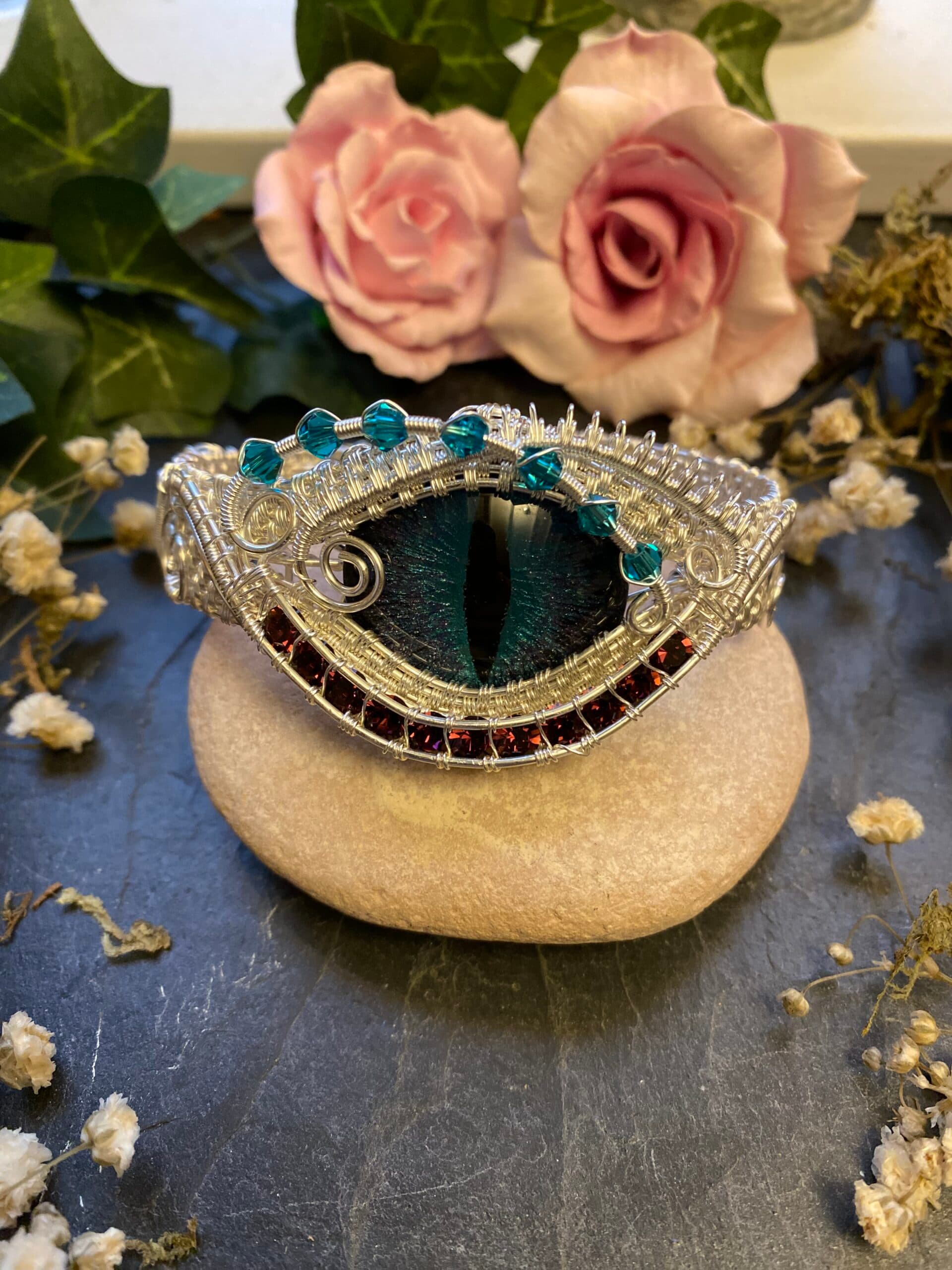 Dragon Eye Cuff Bracelet | Silver Filled Wire & Swarovski Crystals, view 9