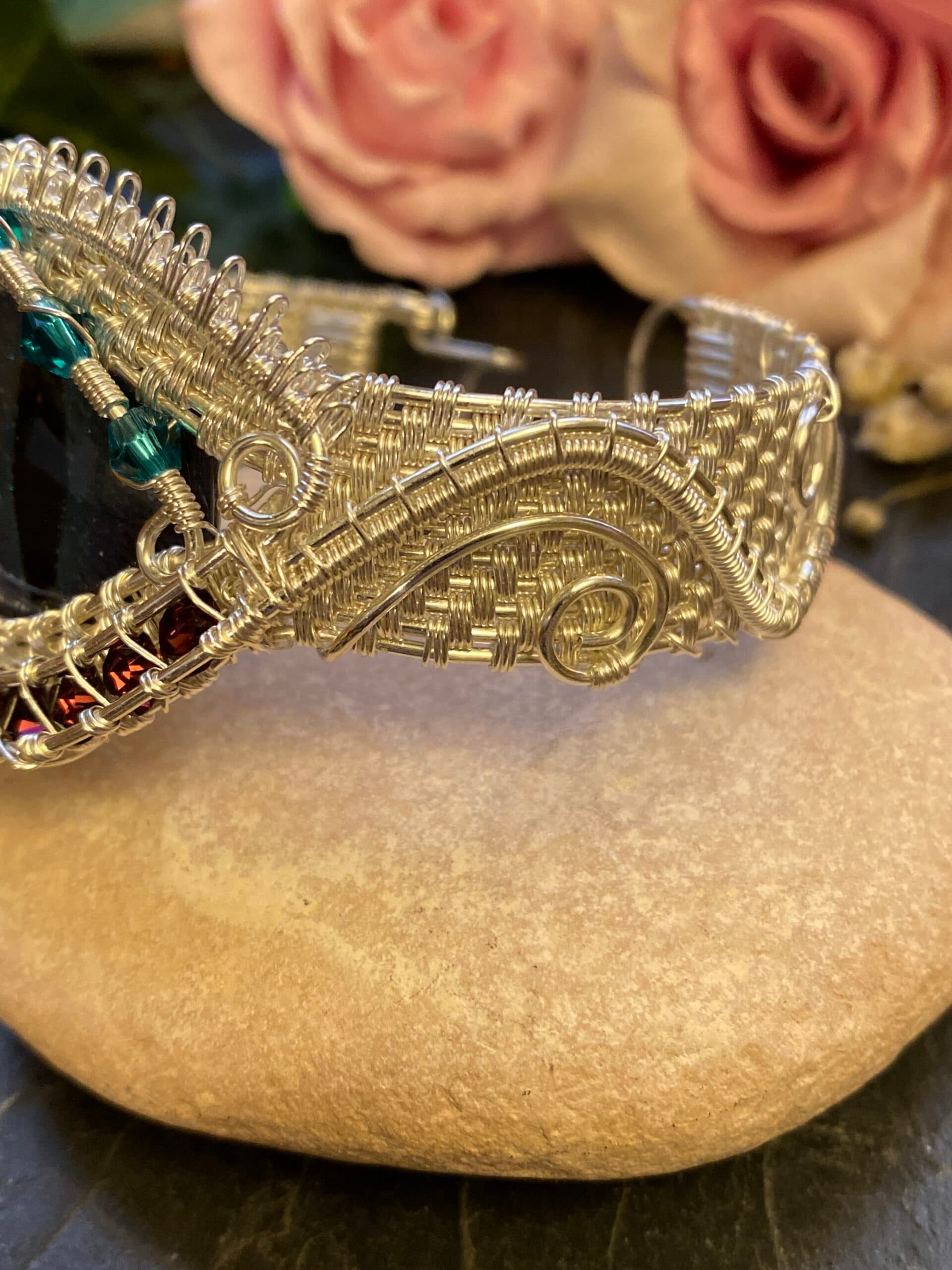Dragon Eye Cuff Bracelet | Silver Filled Wire & Swarovski Crystals, view 11