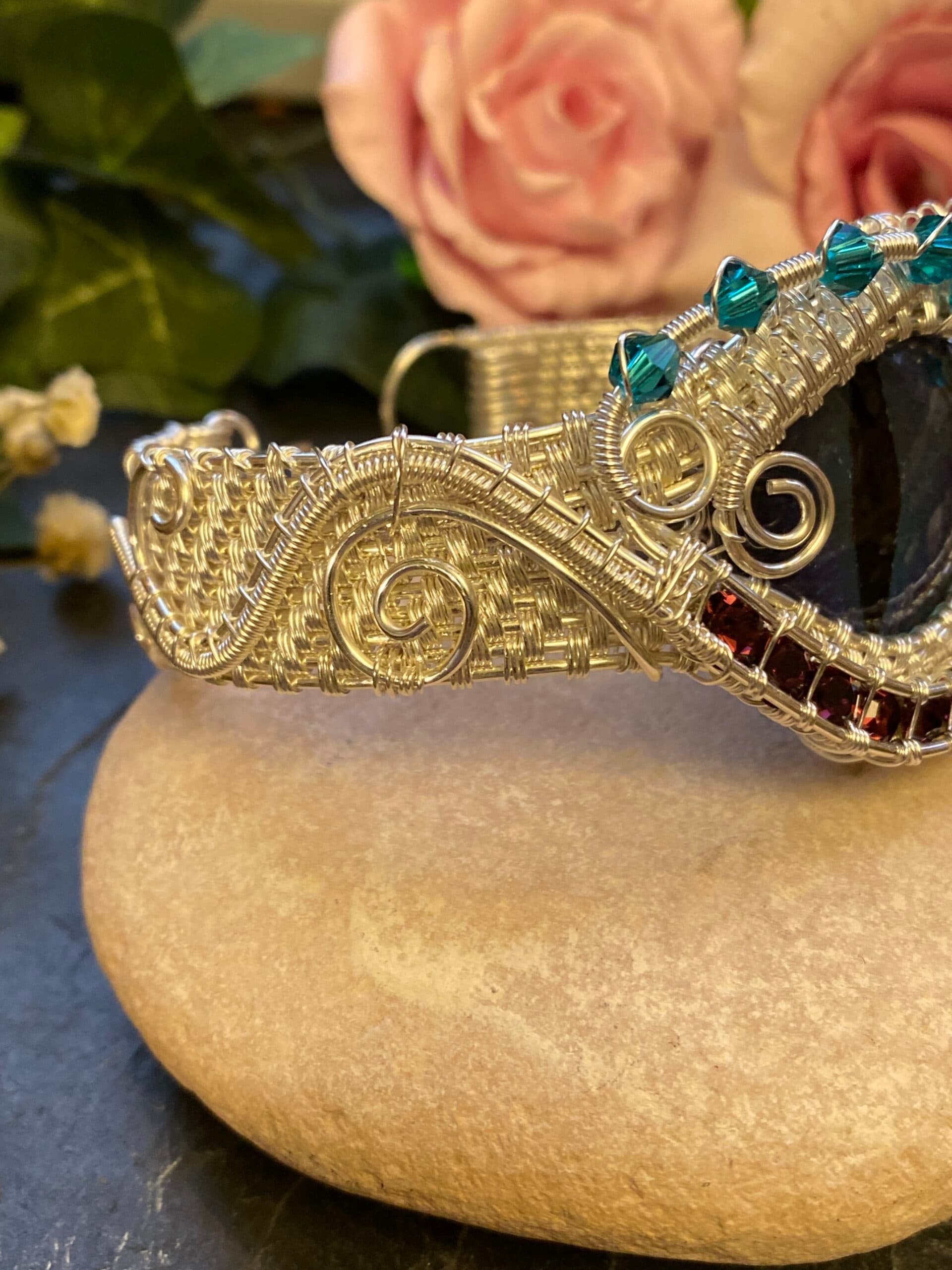 Dragon Eye Cuff Bracelet | Silver Filled Wire & Swarovski Crystals, view 12