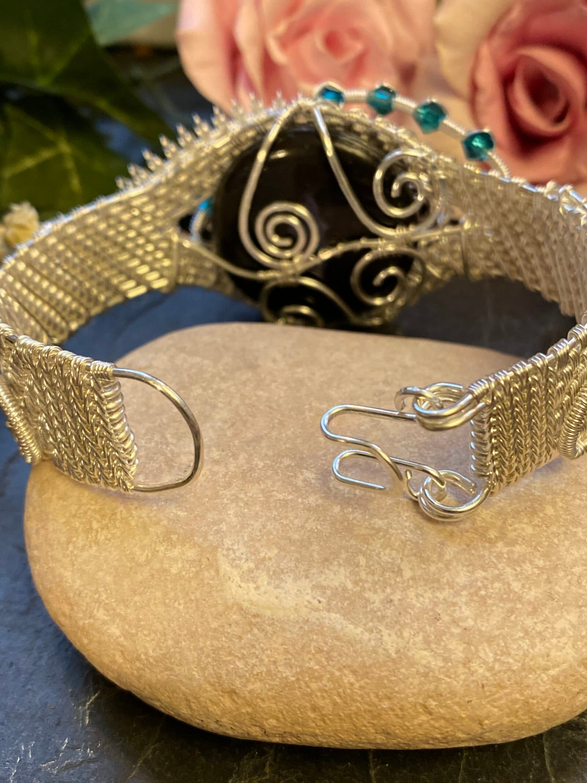Dragon Eye Cuff Bracelet | Silver Filled Wire & Swarovski Crystals, view 13