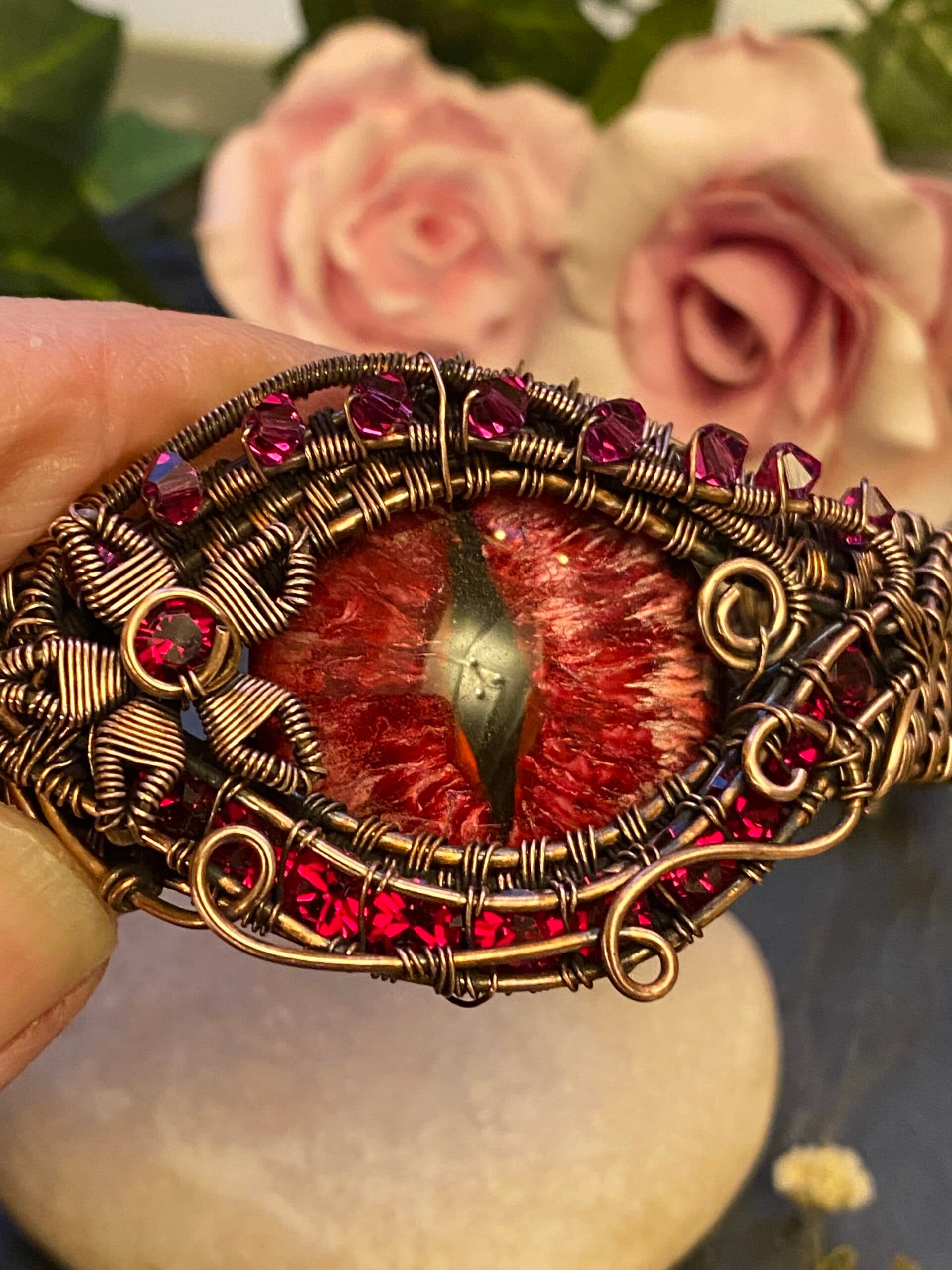 Red Dragon Eye Cuff Bracelet | Adjustable Copper Wire Jewellery, view 9