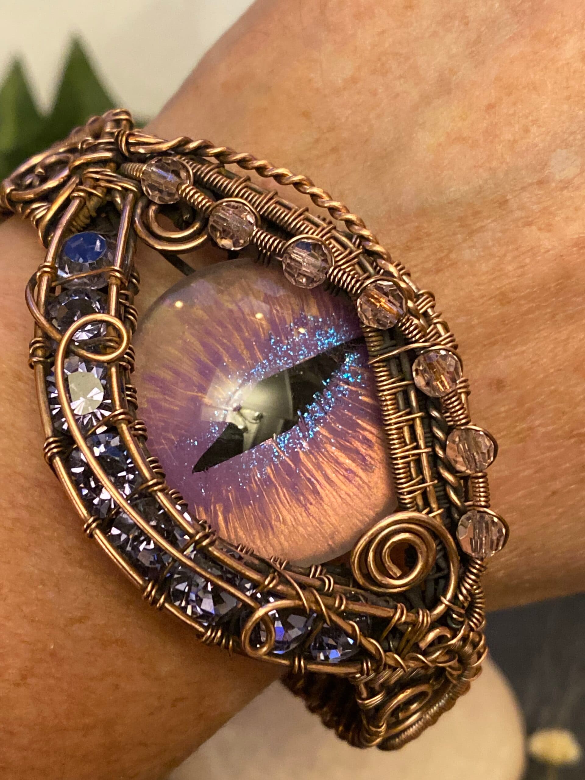 Purple Dragon Eye Cuff Bracelet | Handmade Copper Wire Jewellery, view 2