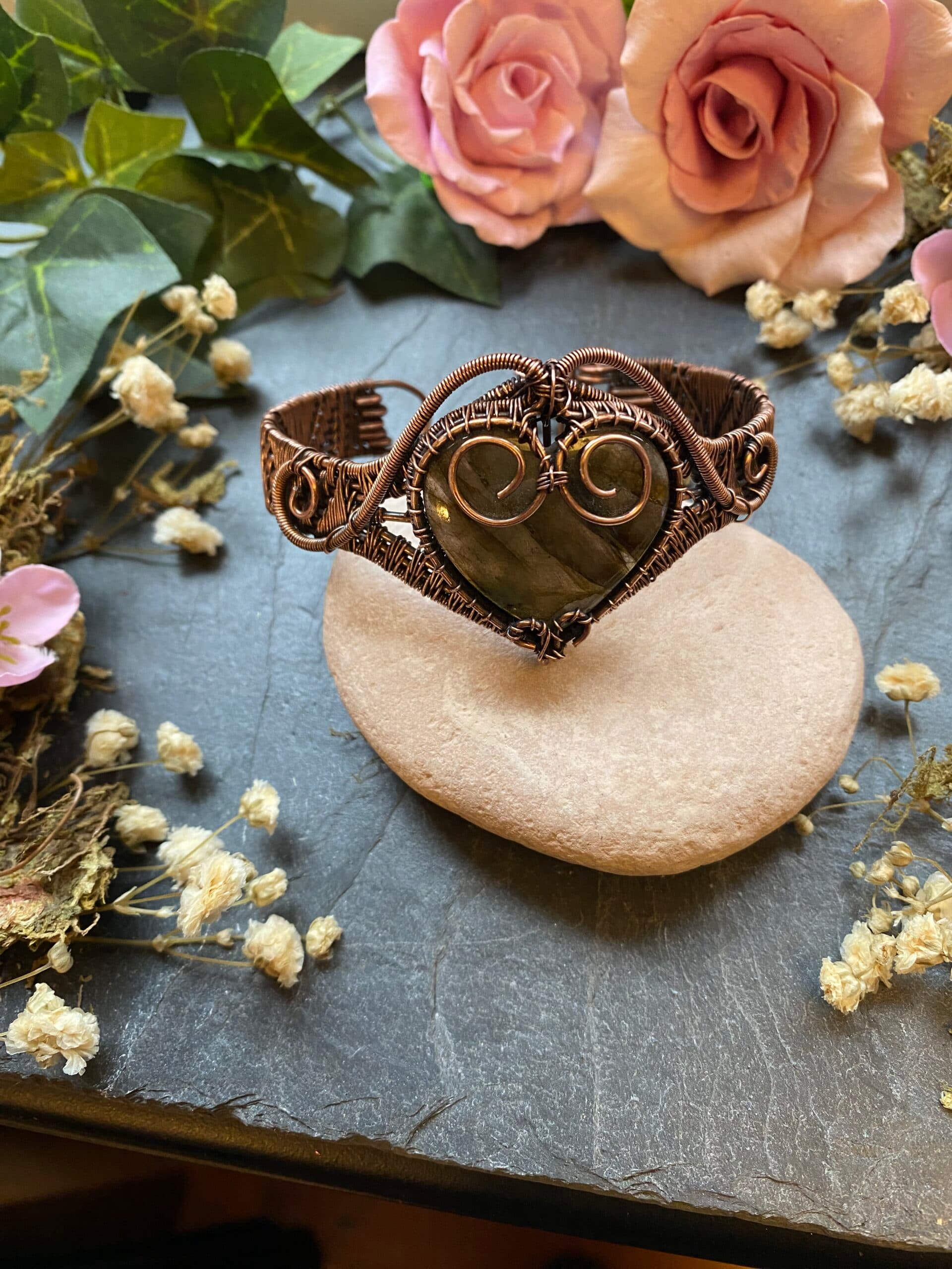 Labradorite Heart Cuff Bracelet | Handmade Copper Wire Jewellery, view 2