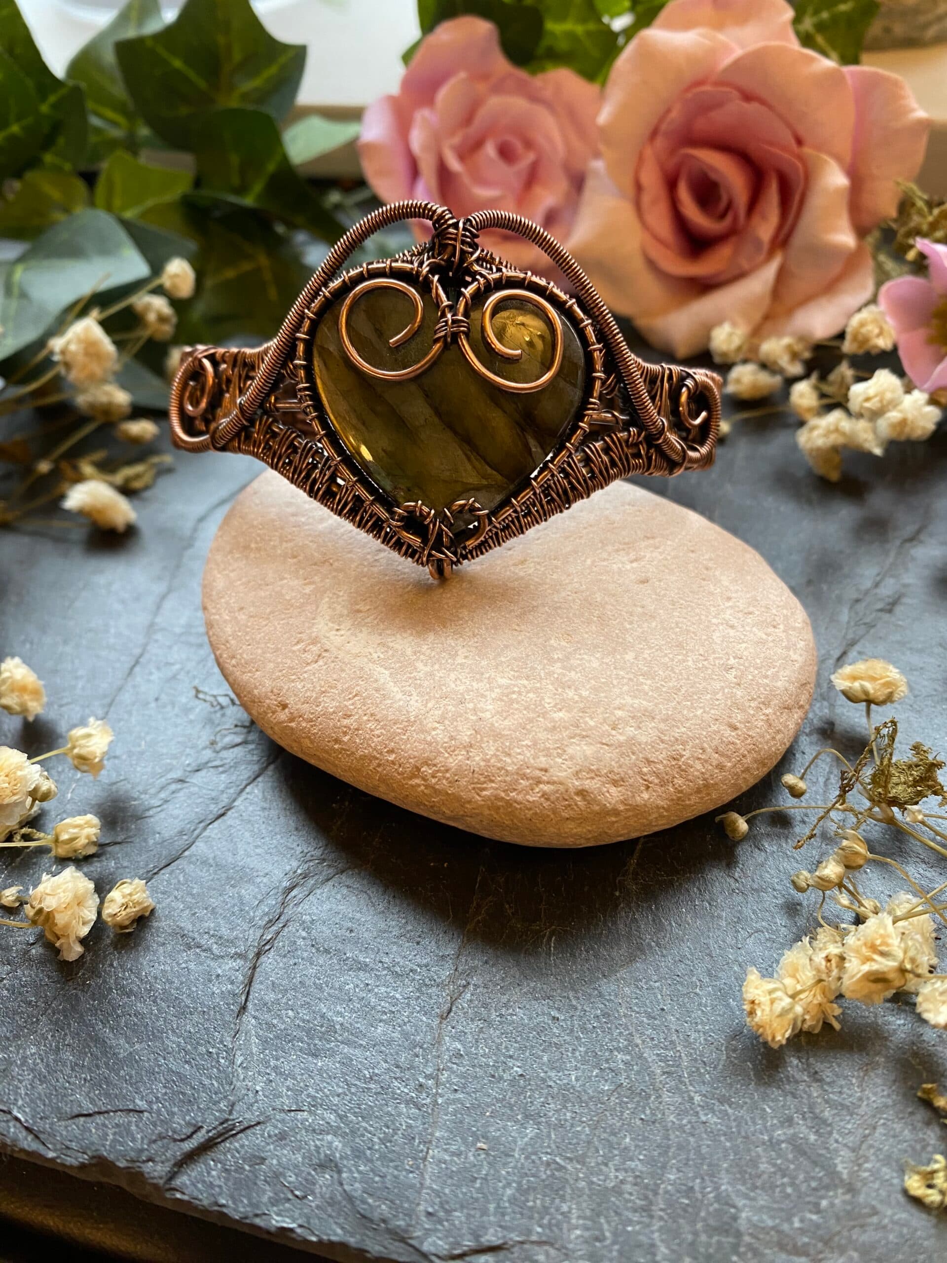 Labradorite Heart Cuff Bracelet | Handmade Copper Wire Jewellery, view 3