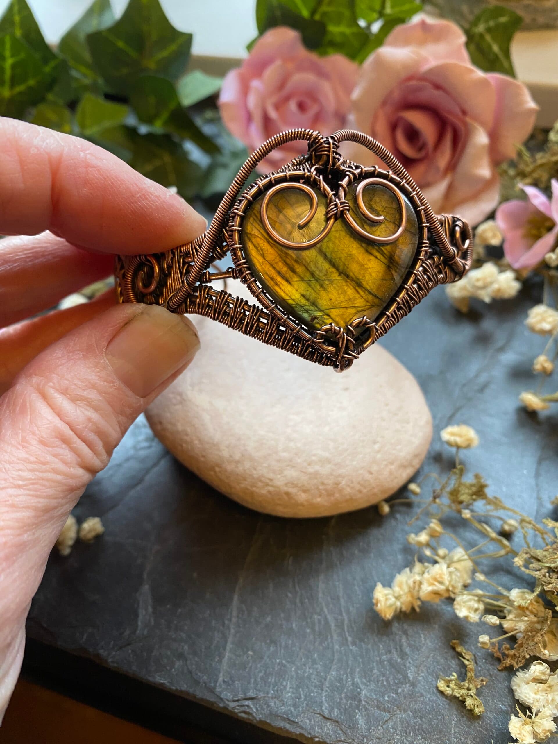 Labradorite Heart Cuff Bracelet | Handmade Copper Wire Jewellery, view 6