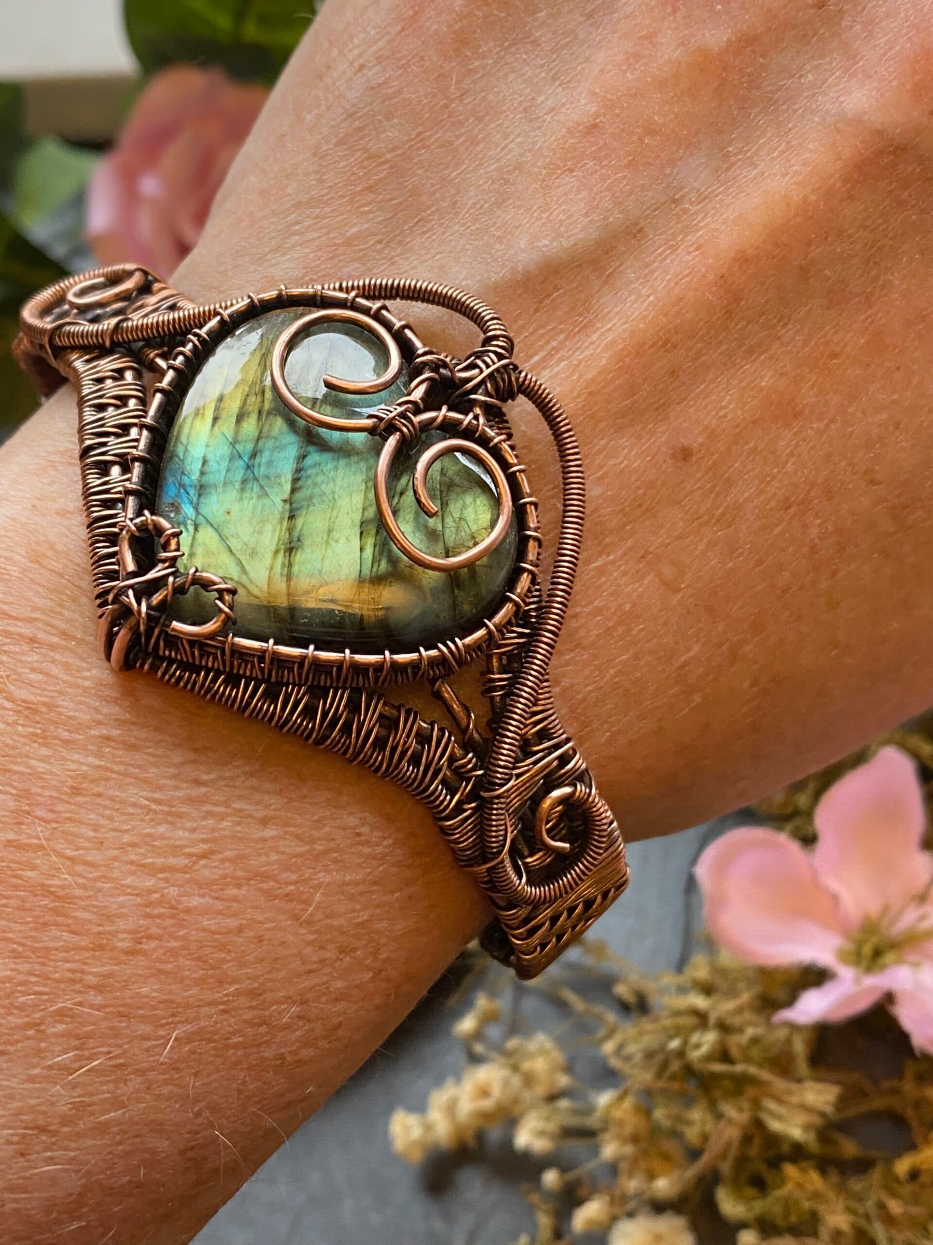 Labradorite Heart Cuff Bracelet | Handmade Copper Wire Jewellery, view 9