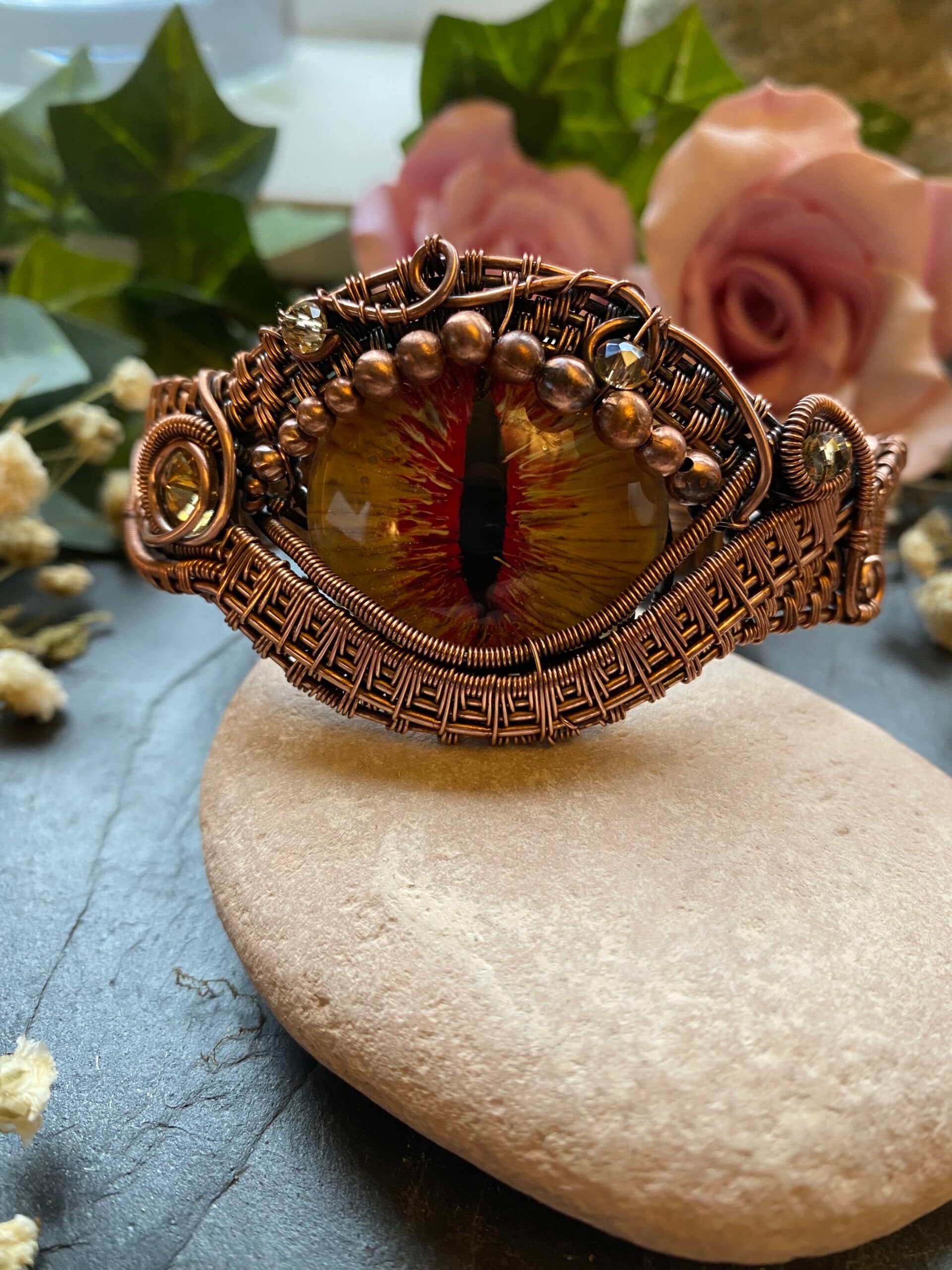 Yellow Dragon Eye Cuff Bracelet | Handmade Copper Wire Jewellery, view 2