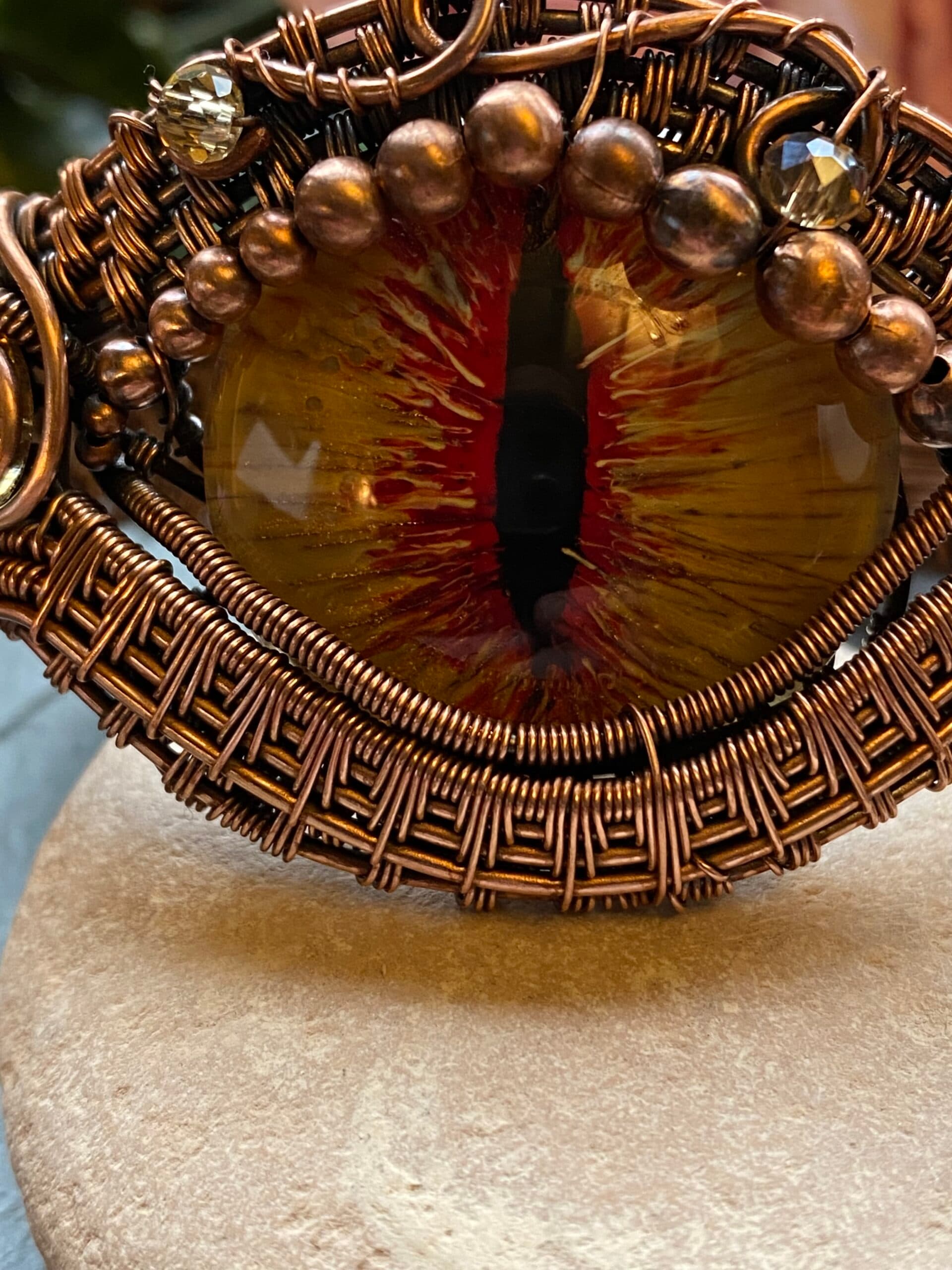Yellow Dragon Eye Cuff Bracelet | Handmade Copper Wire Jewellery, view 3