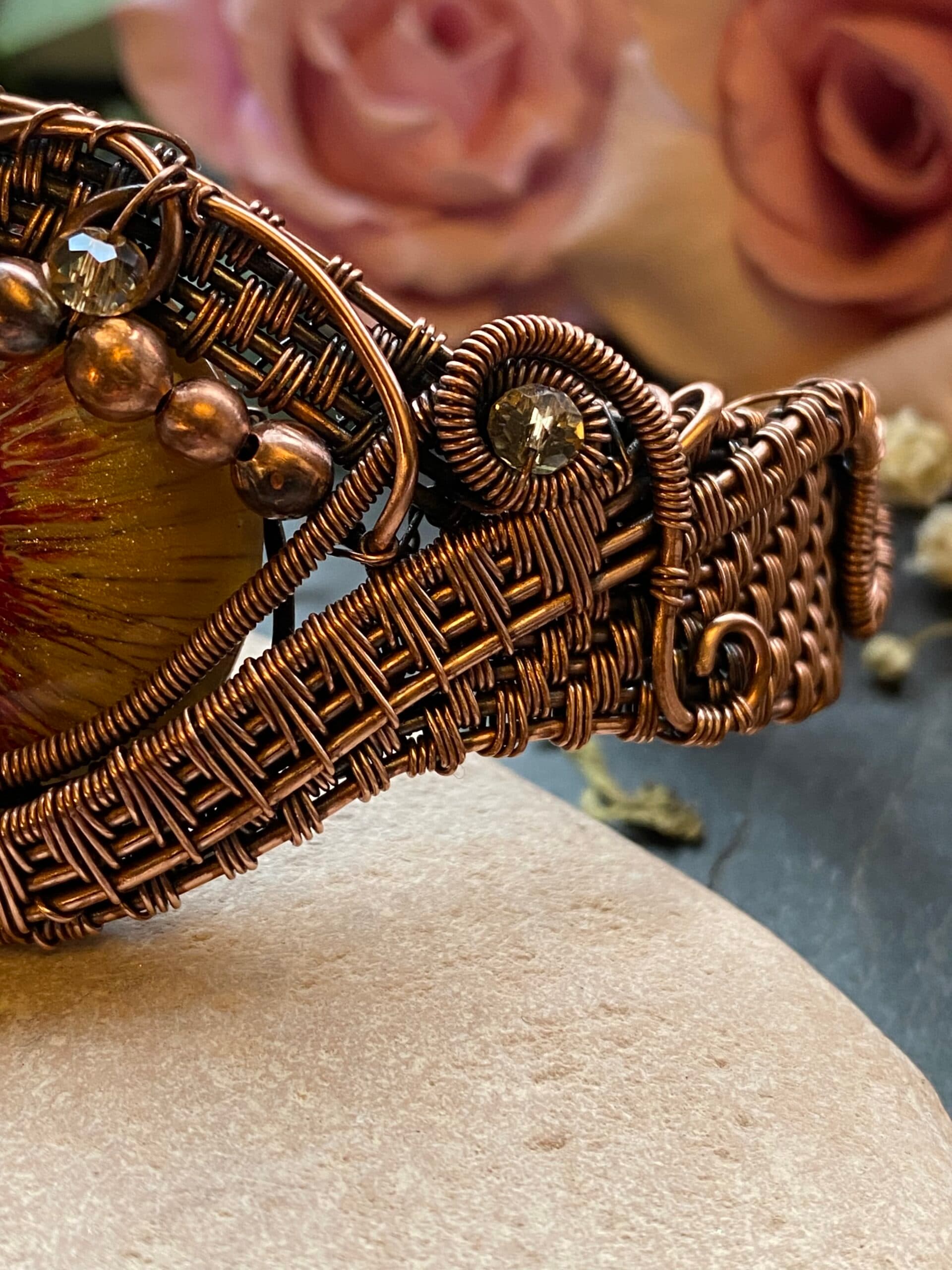 Yellow Dragon Eye Cuff Bracelet | Handmade Copper Wire Jewellery, view 4