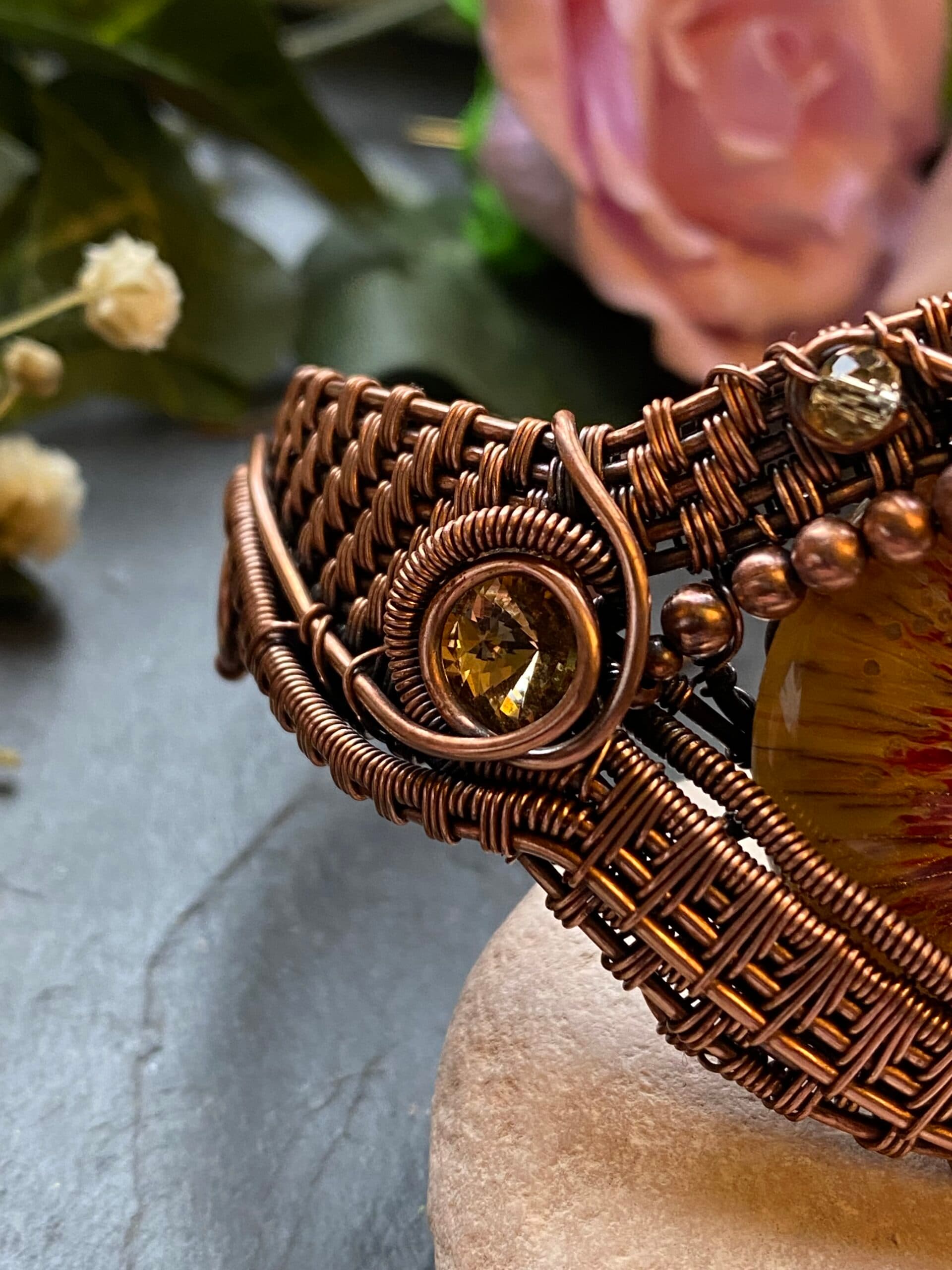 Yellow Dragon Eye Cuff Bracelet | Handmade Copper Wire Jewellery, view 5