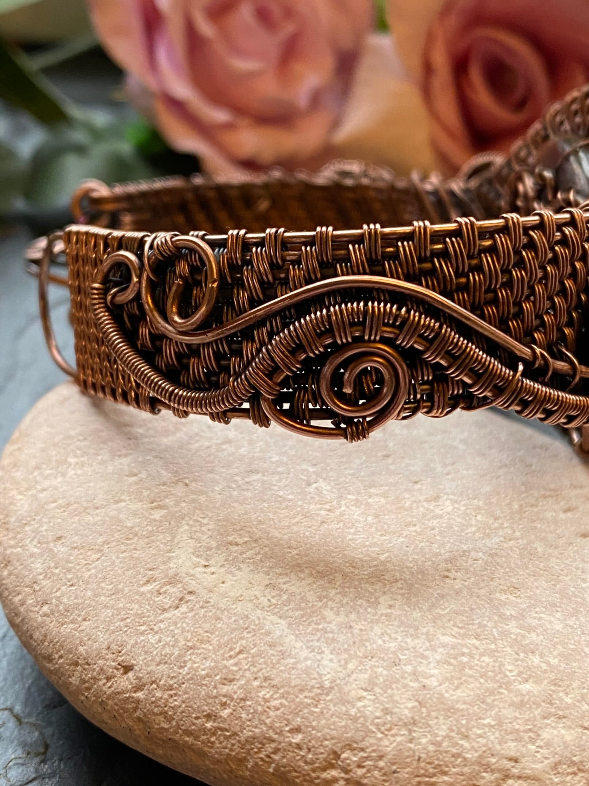 Yellow Dragon Eye Cuff Bracelet | Handmade Copper Wire Jewellery, view 6