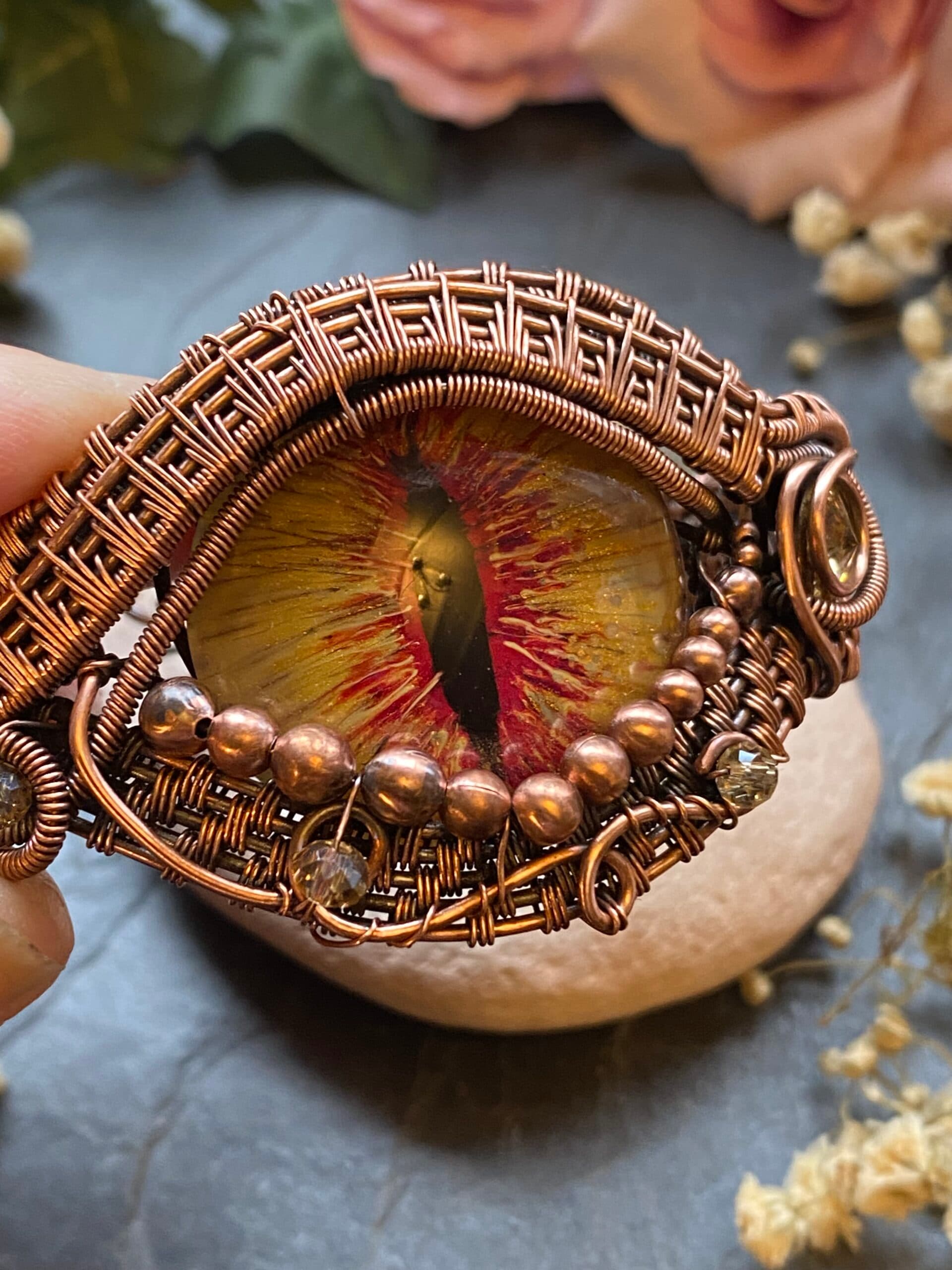 Yellow Dragon Eye Cuff Bracelet | Handmade Copper Wire Jewellery, view 8