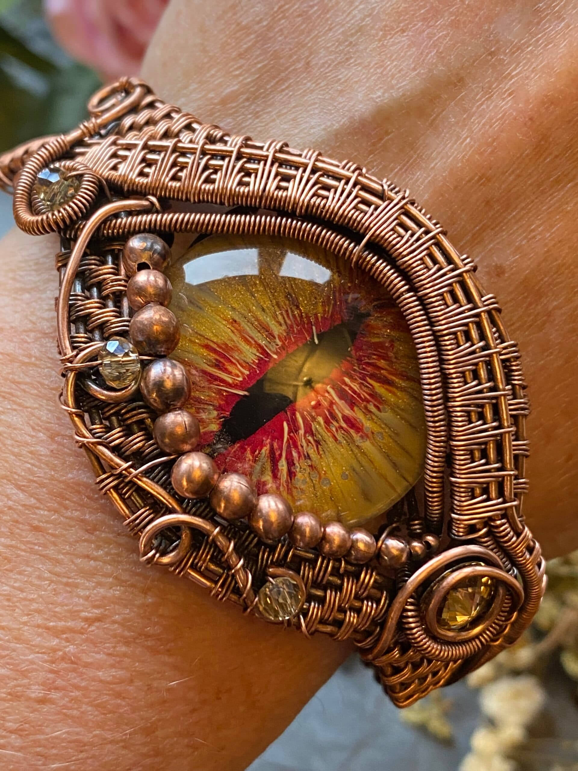 Yellow Dragon Eye Cuff Bracelet | Handmade Copper Wire Jewellery, view 10