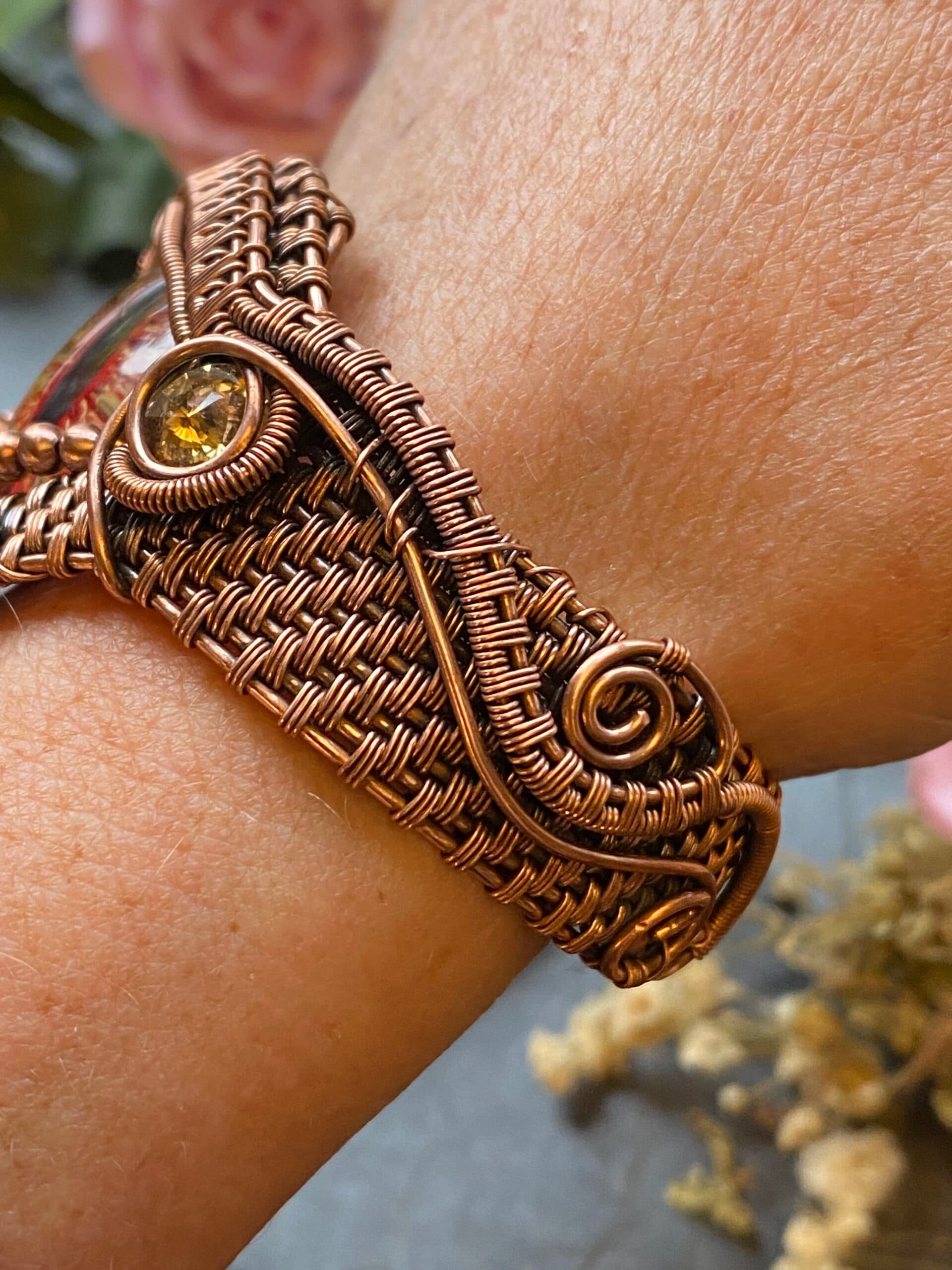 Yellow Dragon Eye Cuff Bracelet | Handmade Copper Wire Jewellery, view 11