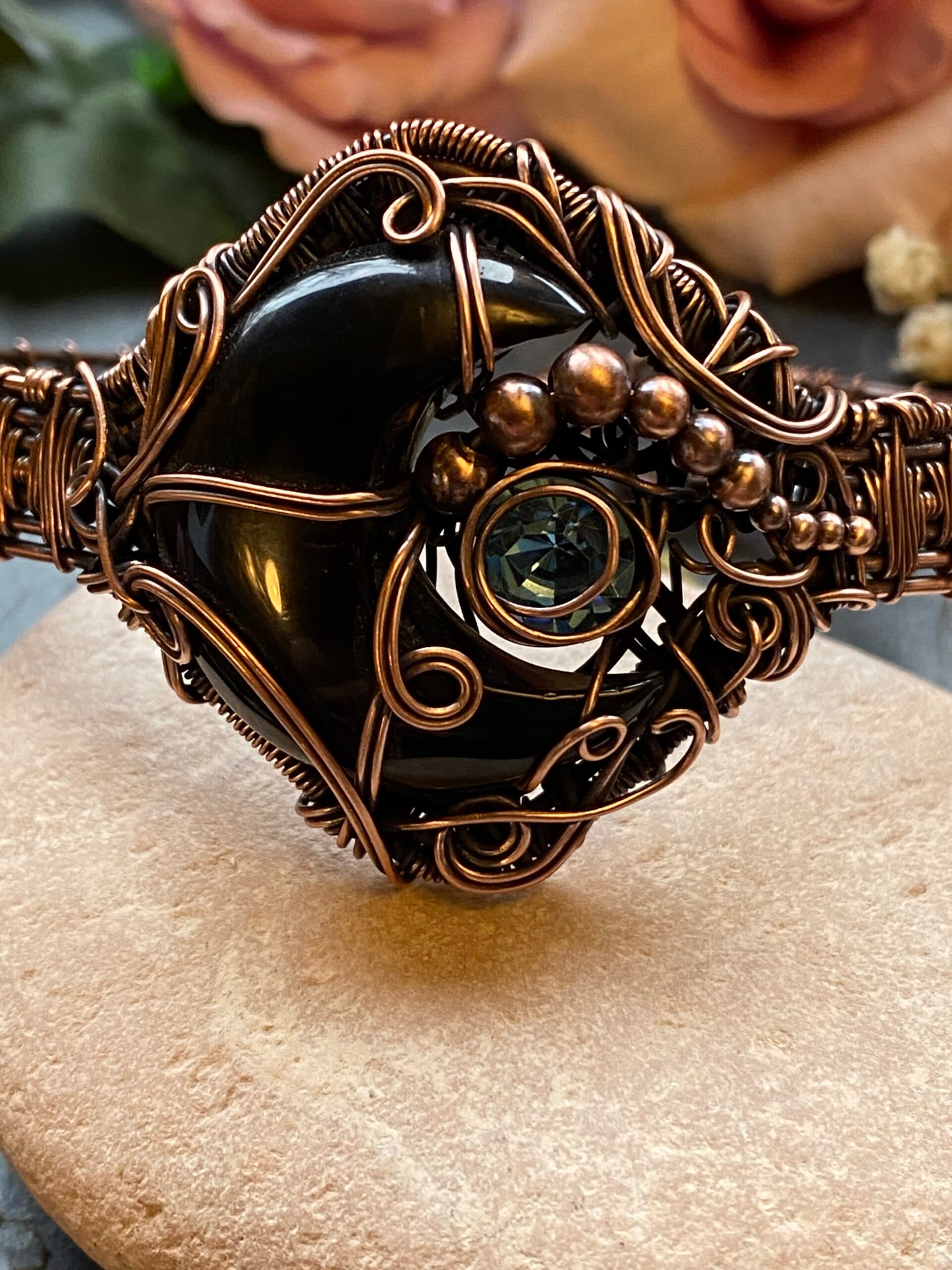 Black Onyx Moon Cuff Bracelet | Copper Wire Wrapped Gothic Jewellery, view 3