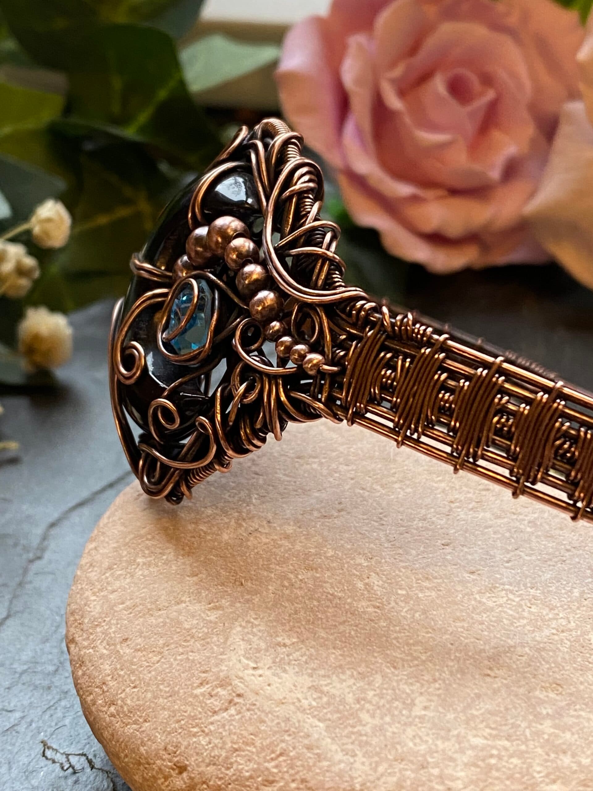 Black Onyx Moon Cuff Bracelet | Copper Wire Wrapped Gothic Jewellery, view 5