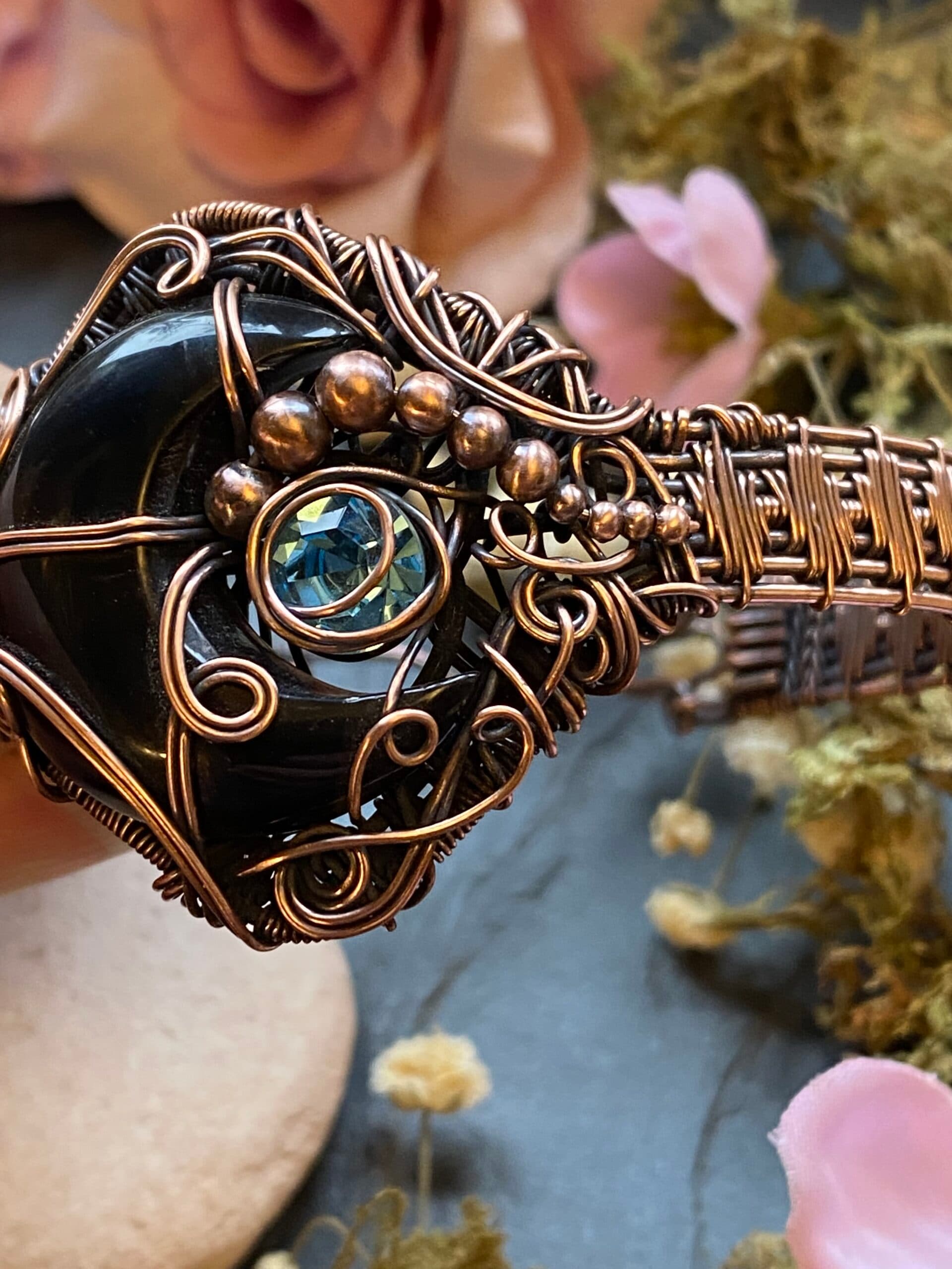 Black Onyx Moon Cuff Bracelet | Copper Wire Wrapped Gothic Jewellery, view 6