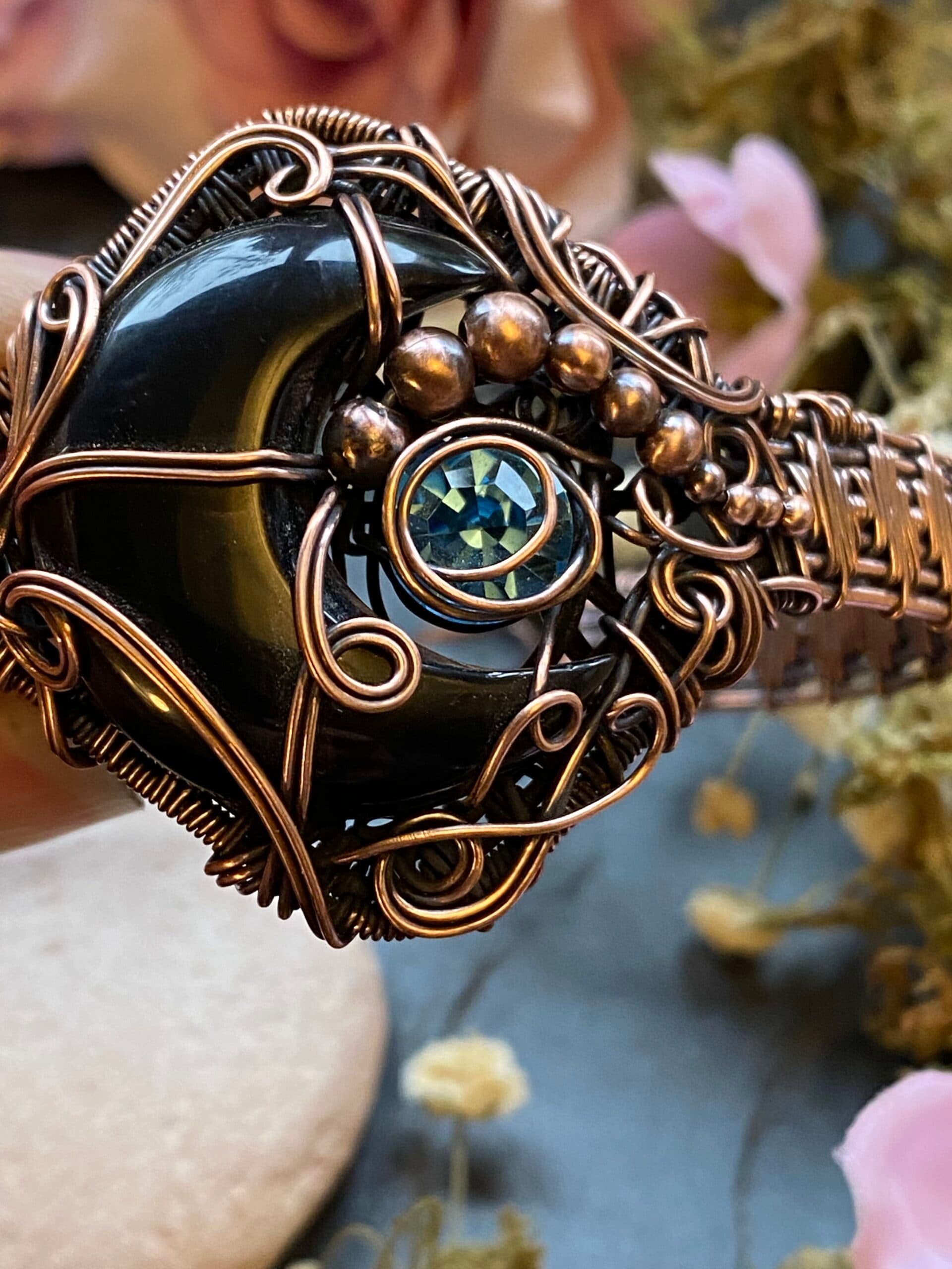 Black Onyx Moon Cuff Bracelet | Copper Wire Wrapped Gothic Jewellery, view 7