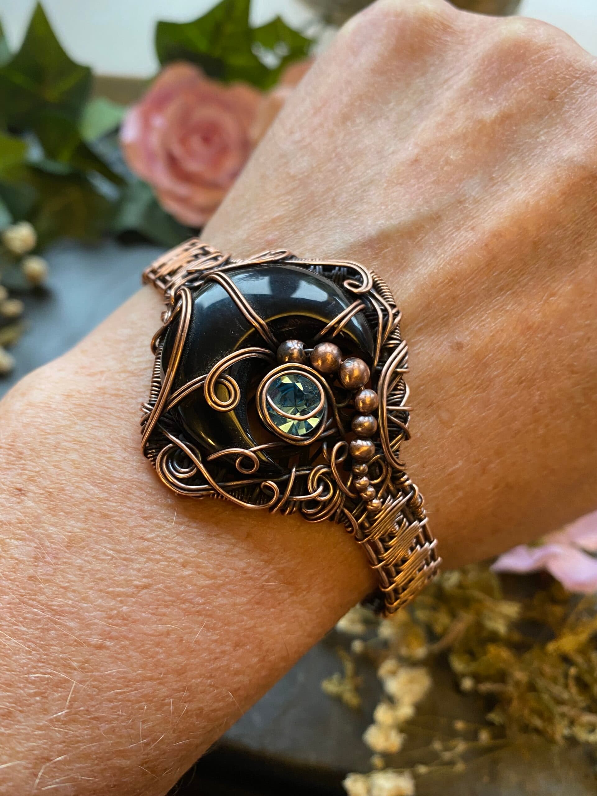 Black Onyx Moon Cuff Bracelet | Copper Wire Wrapped Gothic Jewellery, view 11