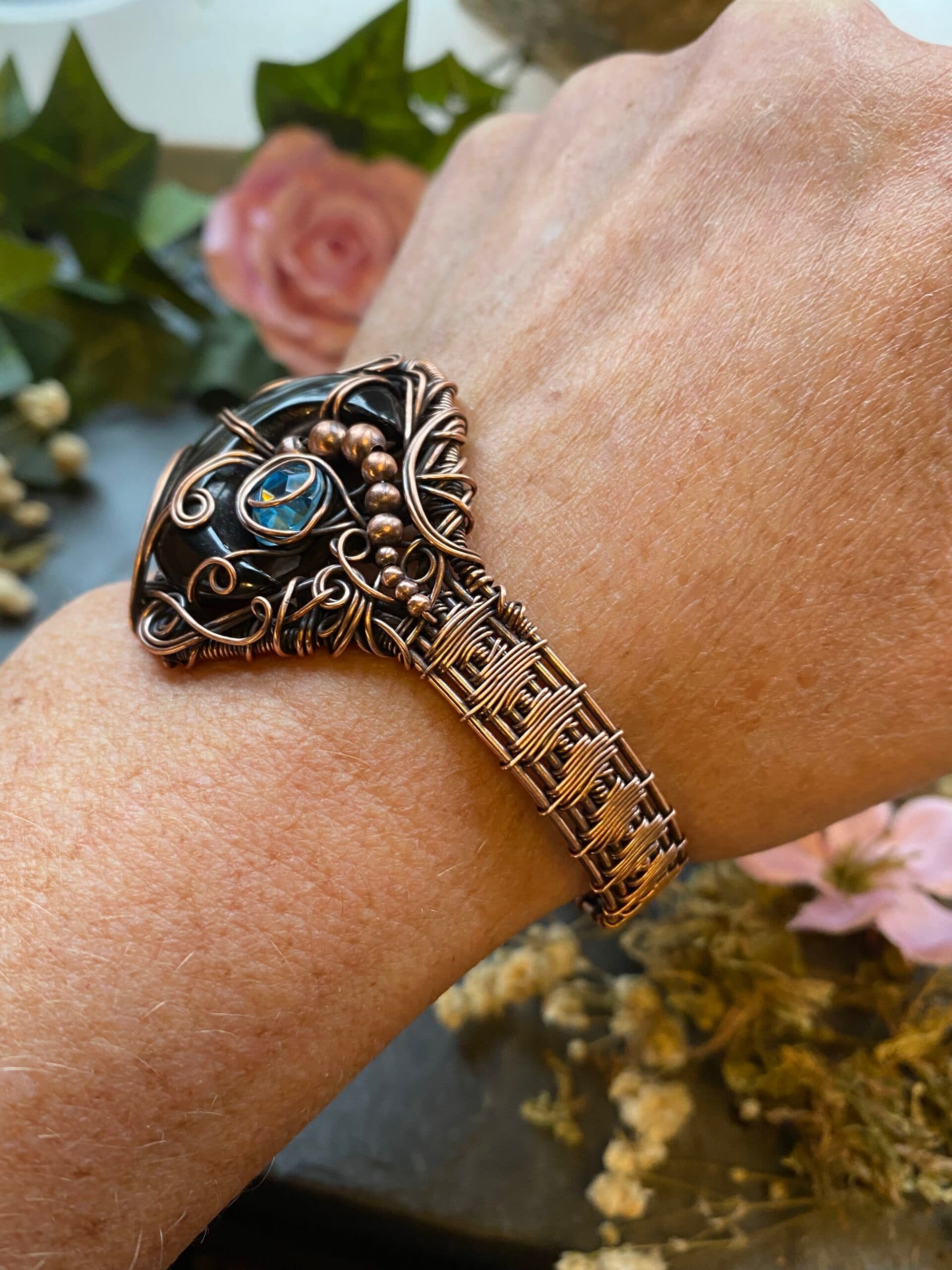 Black Onyx Moon Cuff Bracelet | Copper Wire Wrapped Gothic Jewellery, view 12
