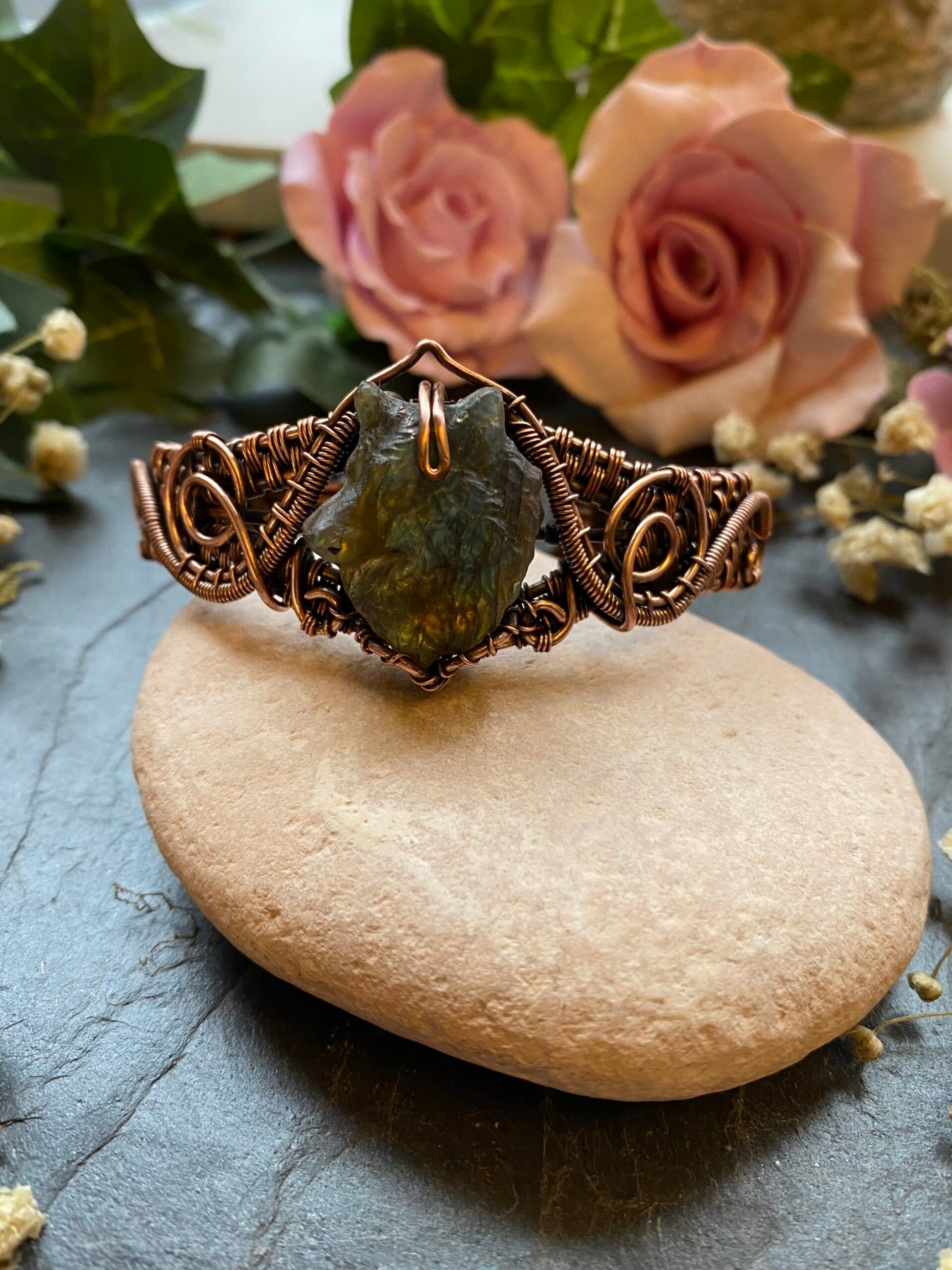 Labradorite Wolf Cuff Bracelet – Spirit of the Wolf, view 3