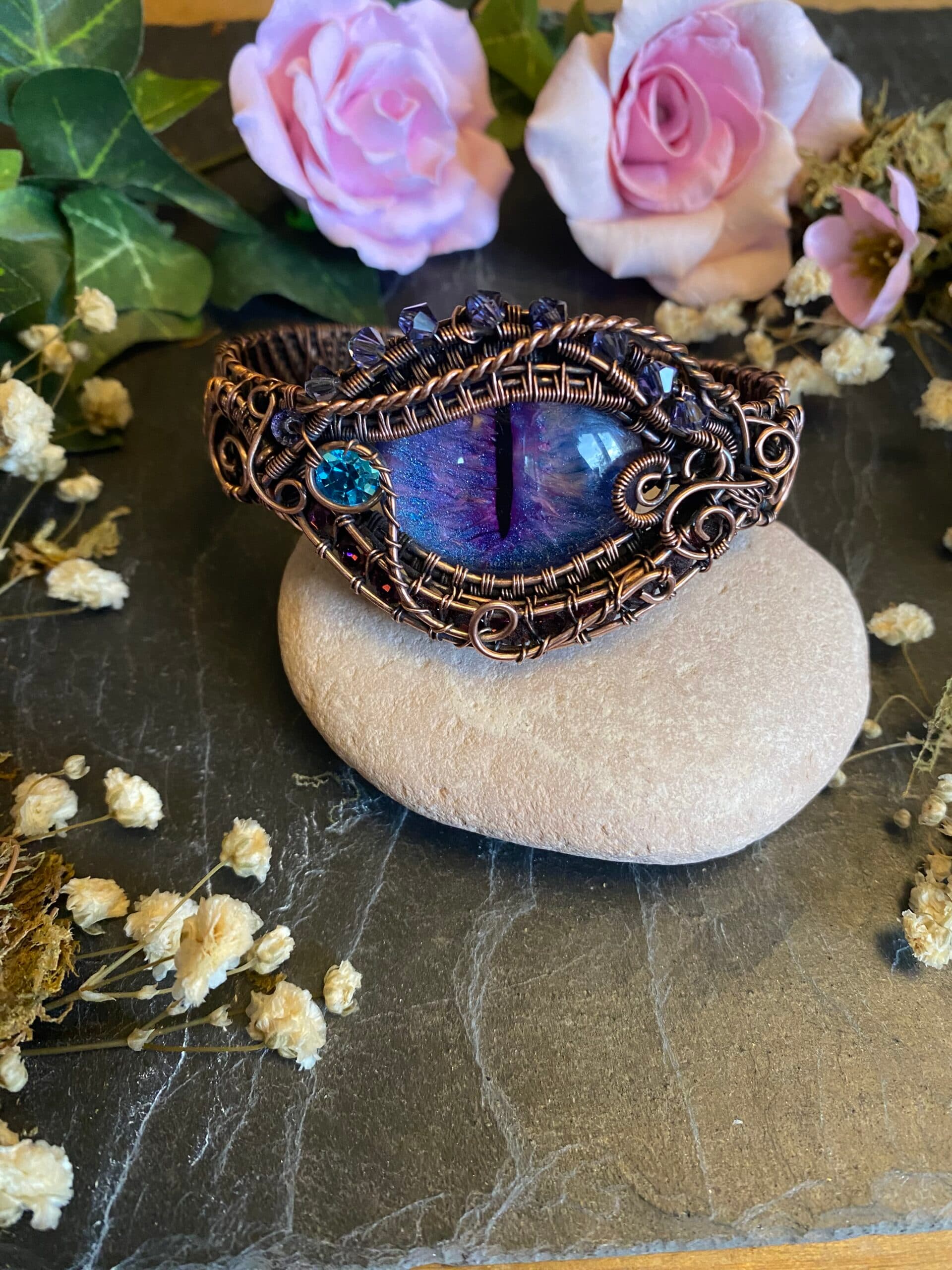 Purple Dragon Eye Cuff Bracelet | Copper Wire & Swarovski Crystals, view 2