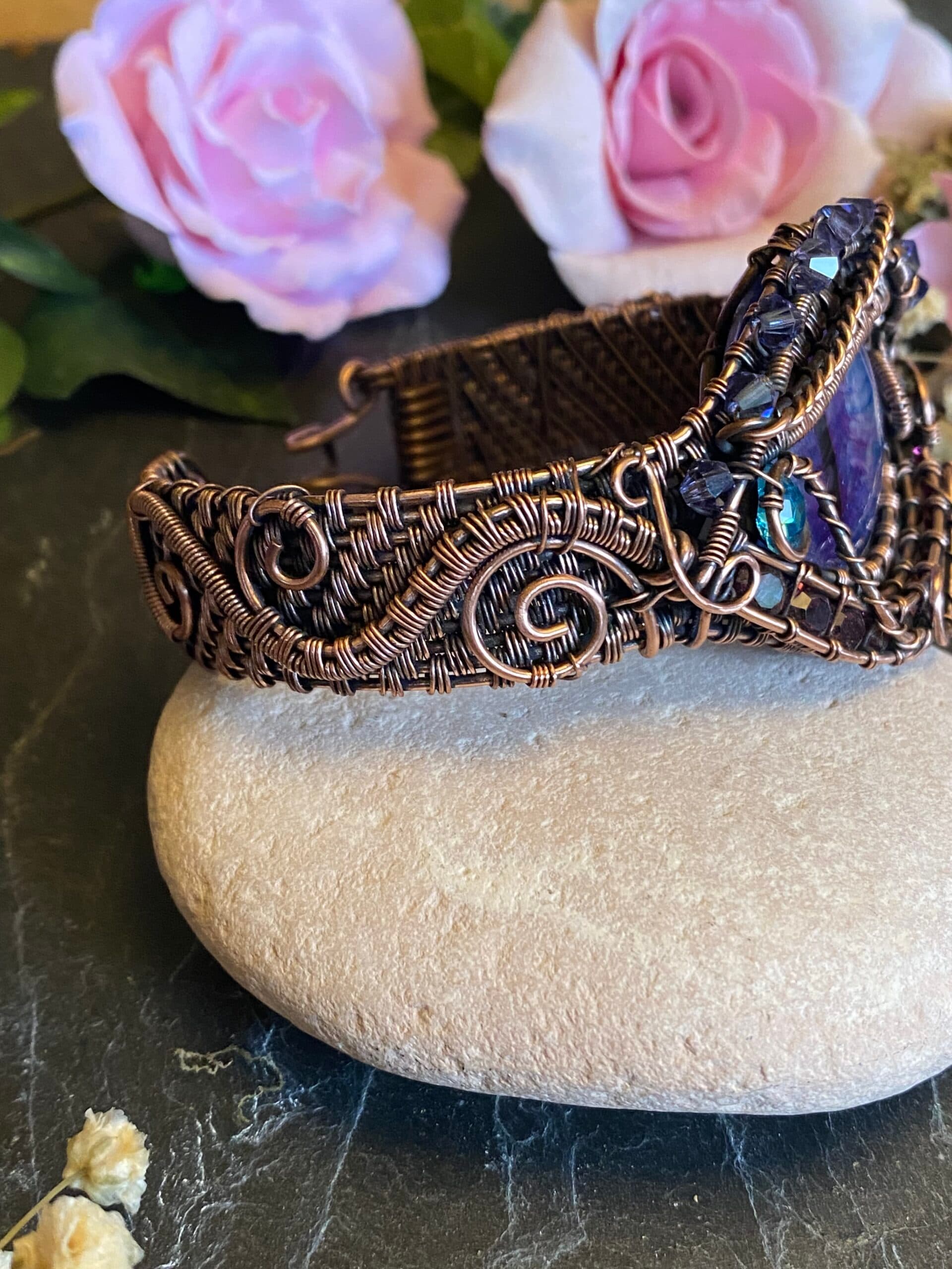 Purple Dragon Eye Cuff Bracelet | Copper Wire & Swarovski Crystals, view 4