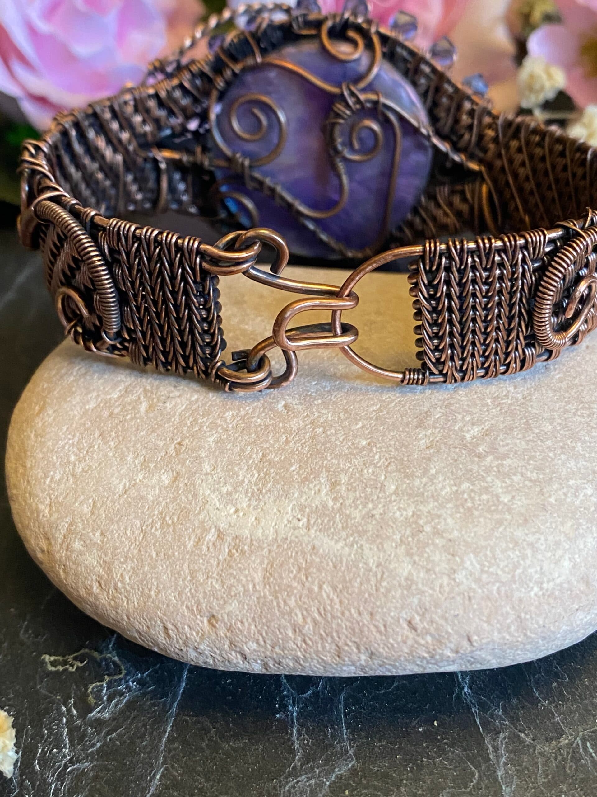 Purple Dragon Eye Cuff Bracelet | Copper Wire & Swarovski Crystals, view 5
