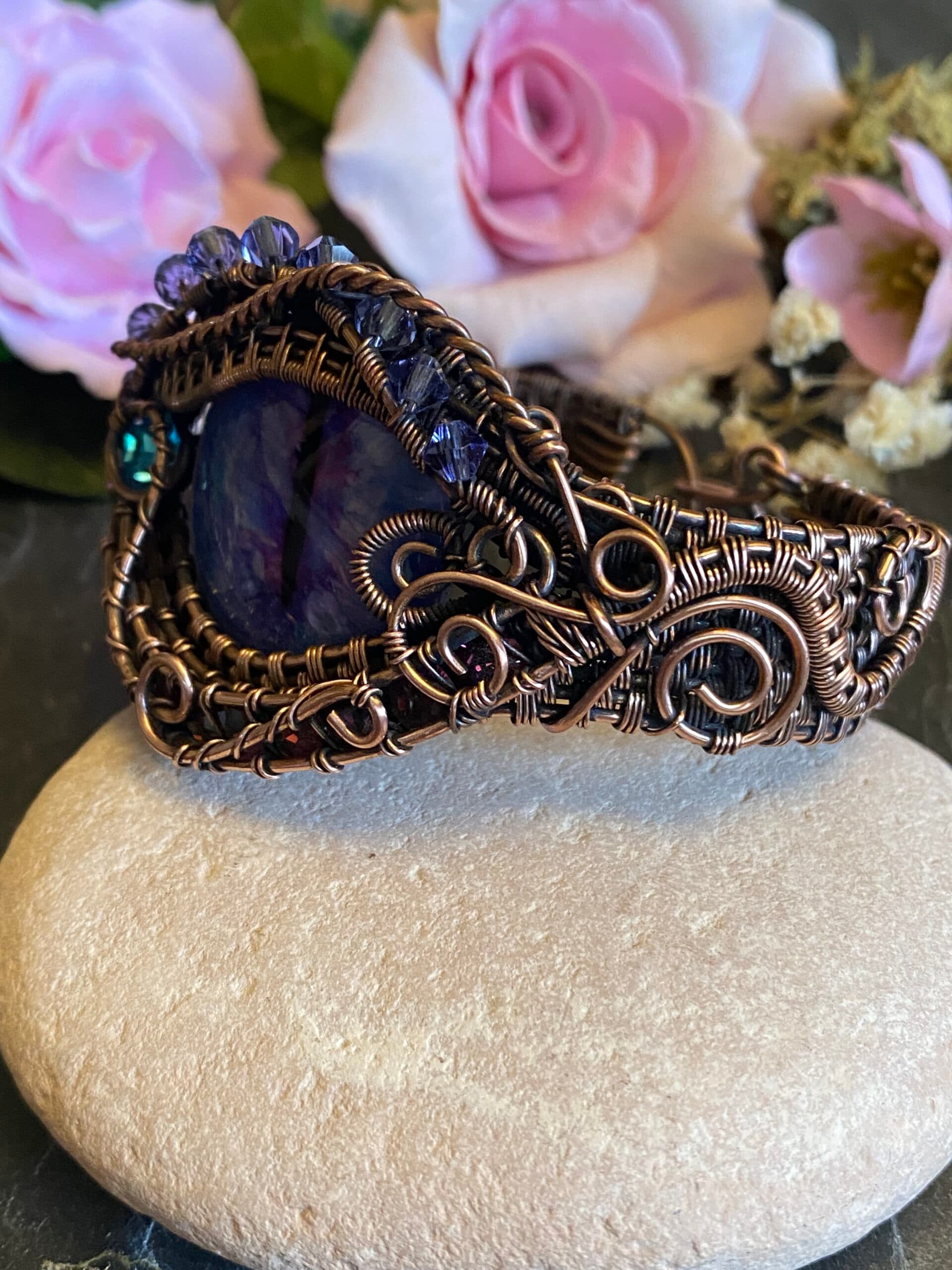 Purple Dragon Eye Cuff Bracelet | Copper Wire & Swarovski Crystals, view 6