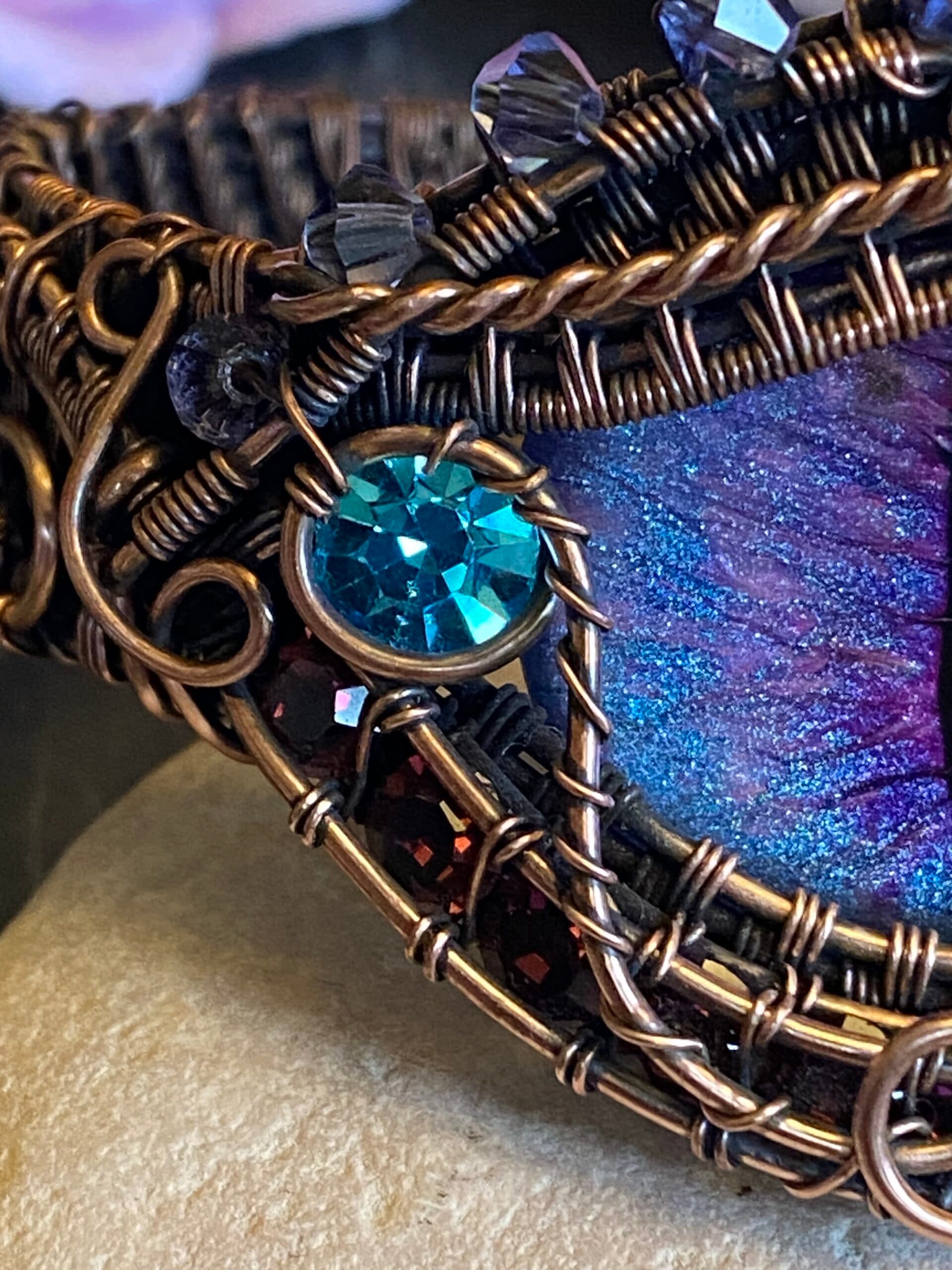 Purple Dragon Eye Cuff Bracelet | Copper Wire & Swarovski Crystals, view 7