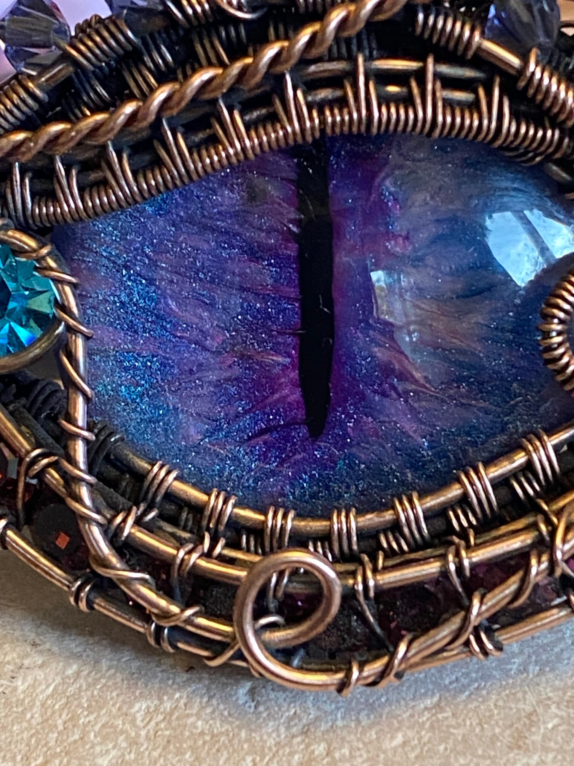 Purple Dragon Eye Cuff Bracelet | Copper Wire & Swarovski Crystals, view 8