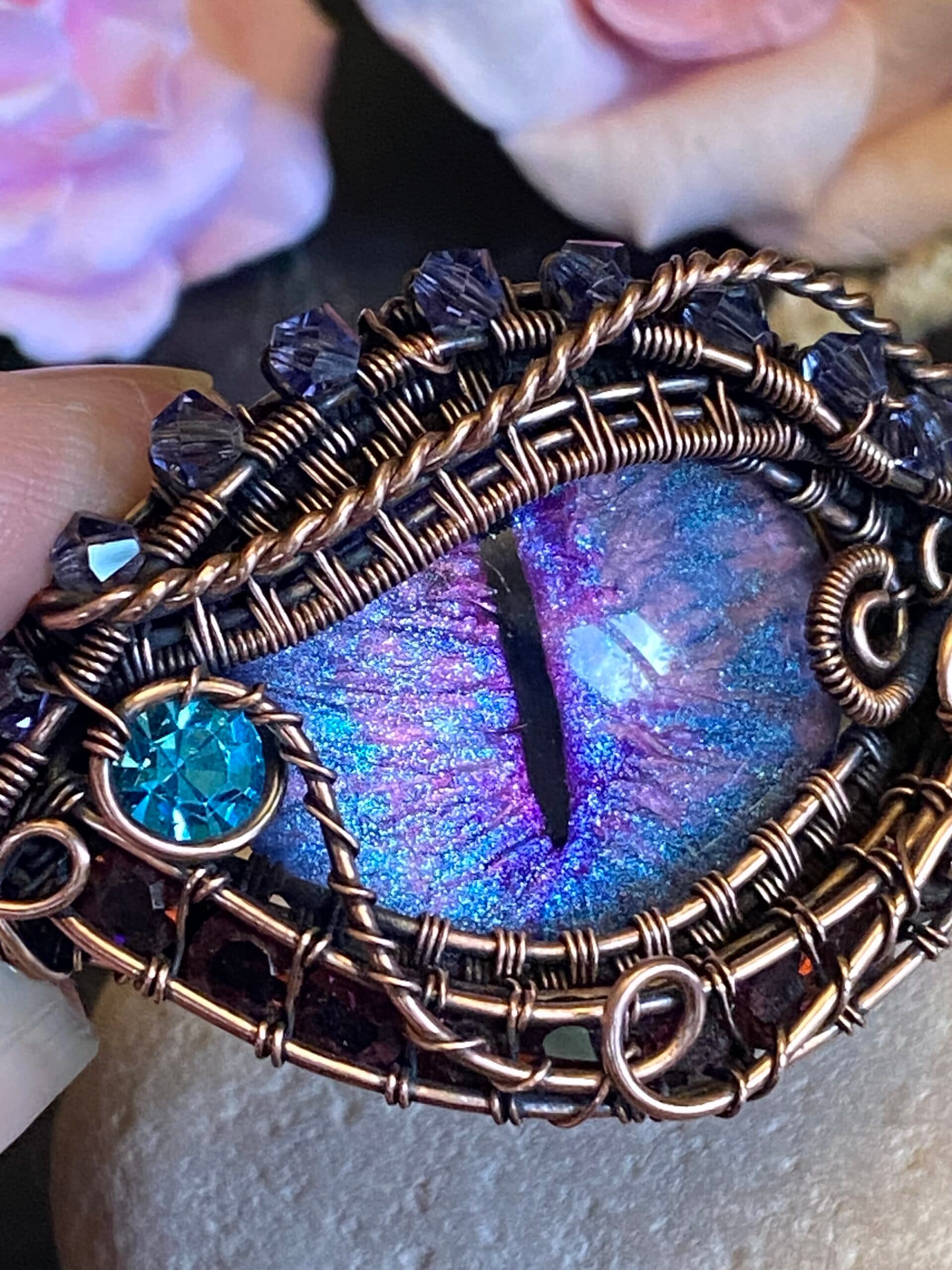 Purple Dragon Eye Cuff Bracelet | Copper Wire & Swarovski Crystals, view 9