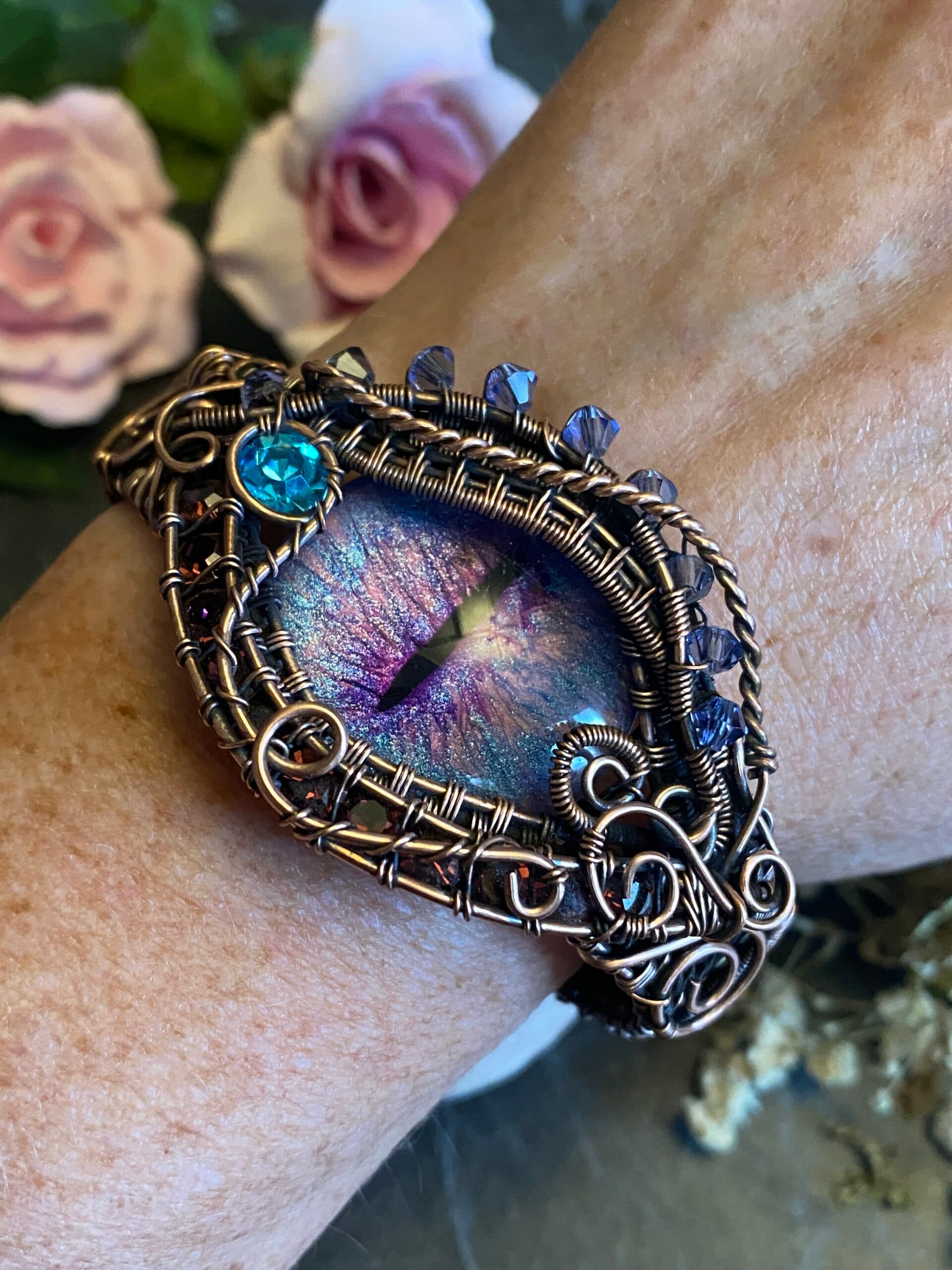 Purple Dragon Eye Cuff Bracelet | Copper Wire & Swarovski Crystals, view 10