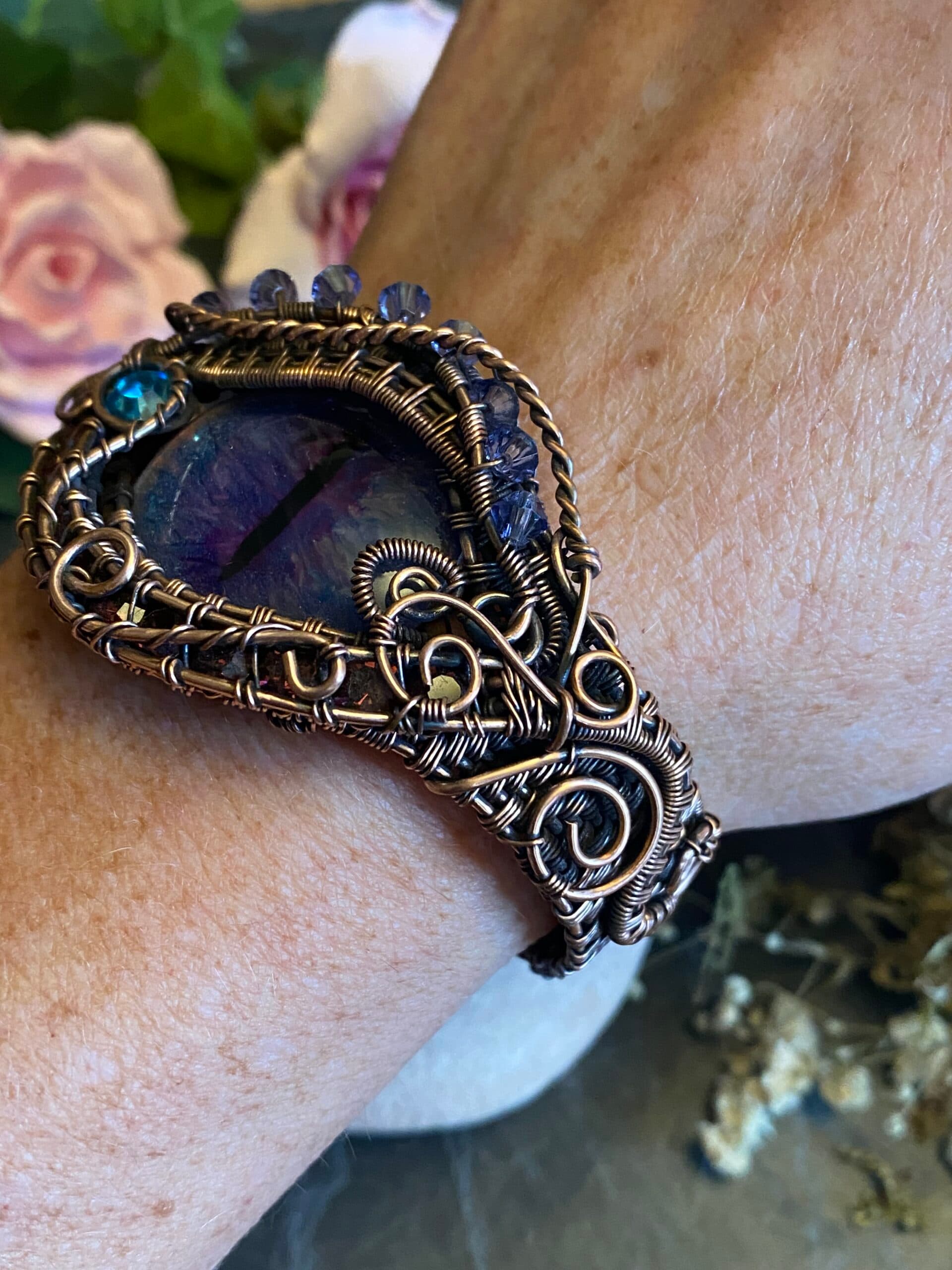 Purple Dragon Eye Cuff Bracelet | Copper Wire & Swarovski Crystals, view 11