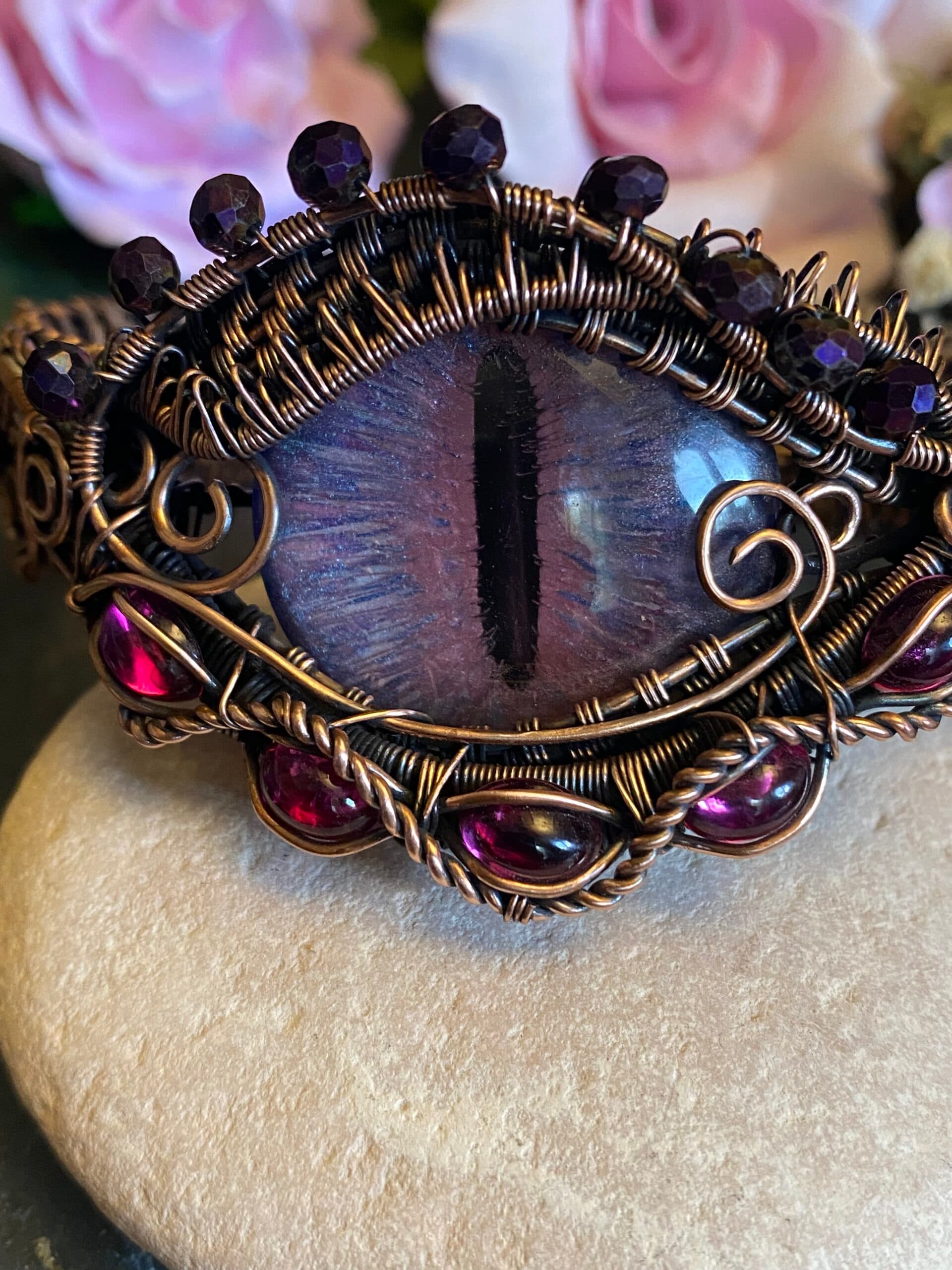 Flower Dragon Eye Cuff Bracelet | Copper Wire & Vintage Crystals, view 3