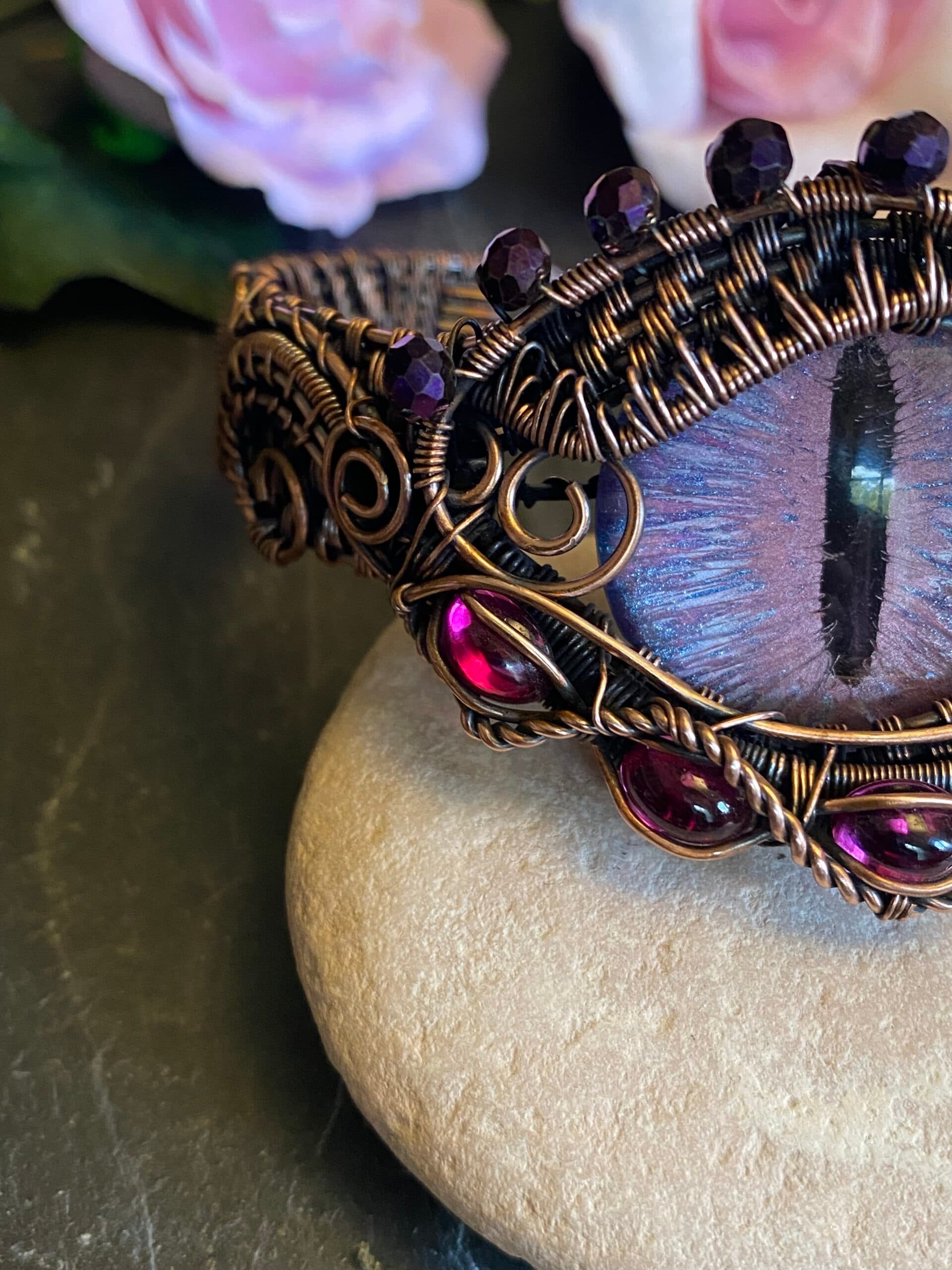 Flower Dragon Eye Cuff Bracelet | Copper Wire & Vintage Crystals, view 4