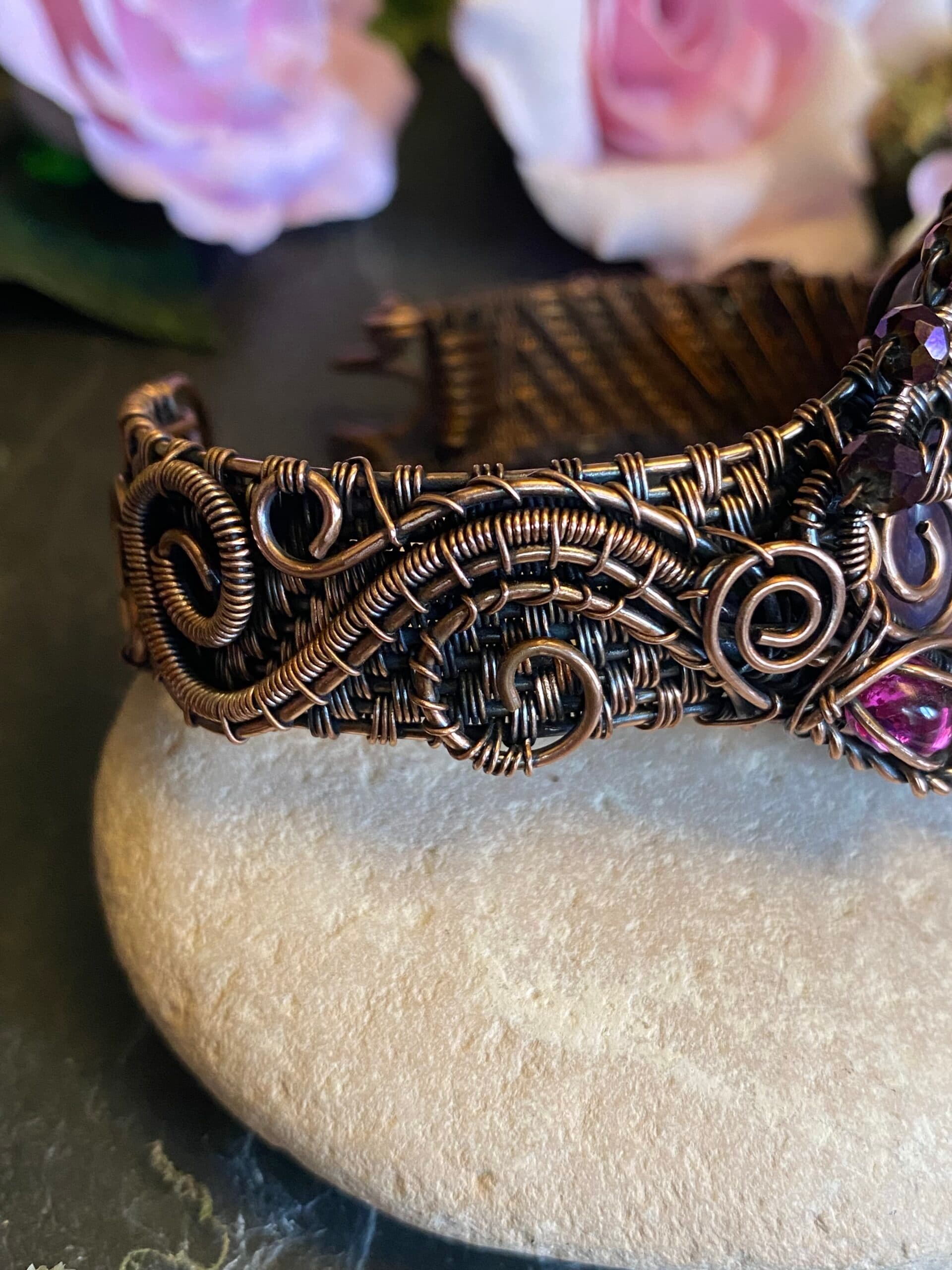 Flower Dragon Eye Cuff Bracelet | Copper Wire & Vintage Crystals, view 5