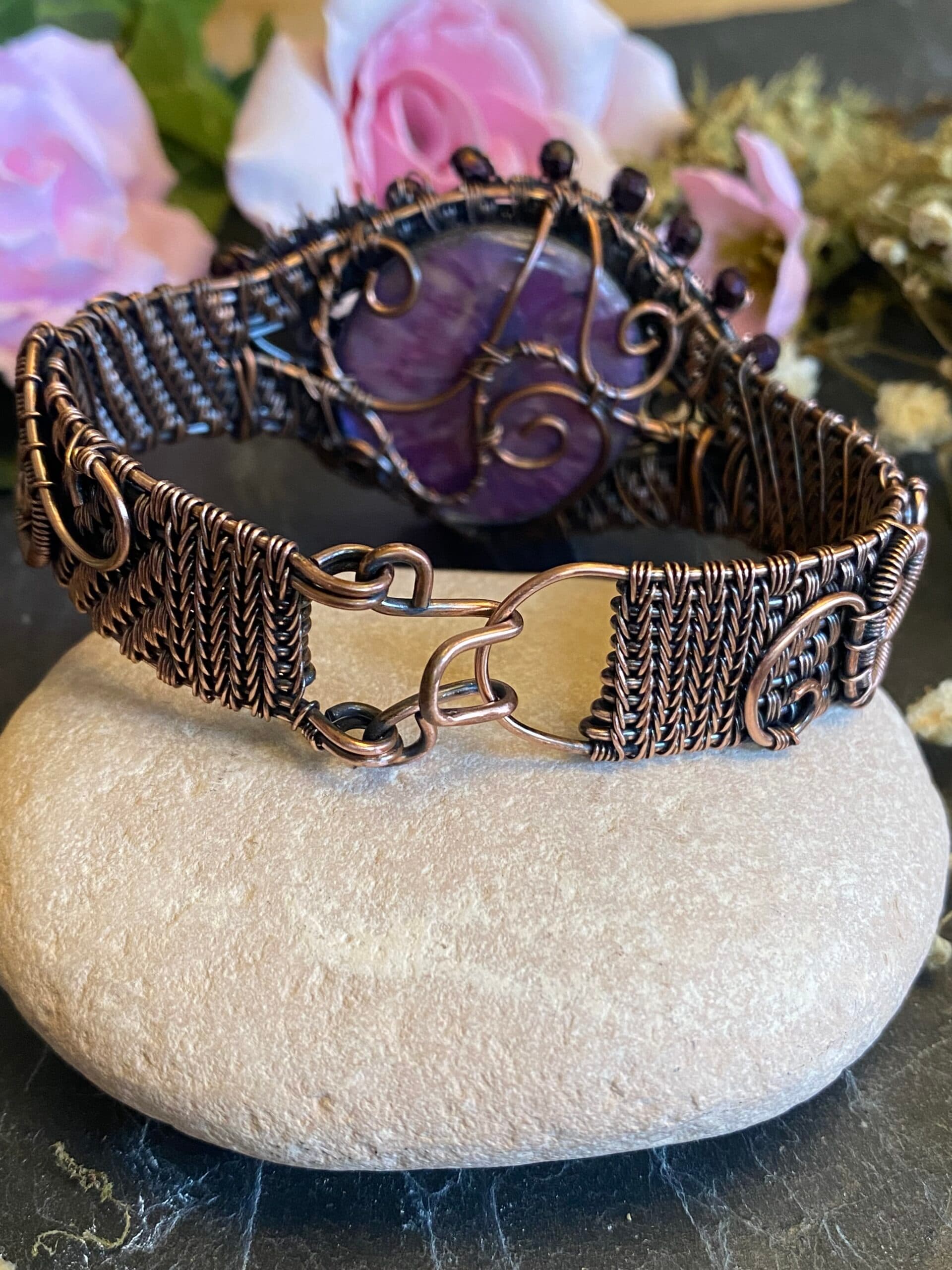 Flower Dragon Eye Cuff Bracelet | Copper Wire & Vintage Crystals, view 6