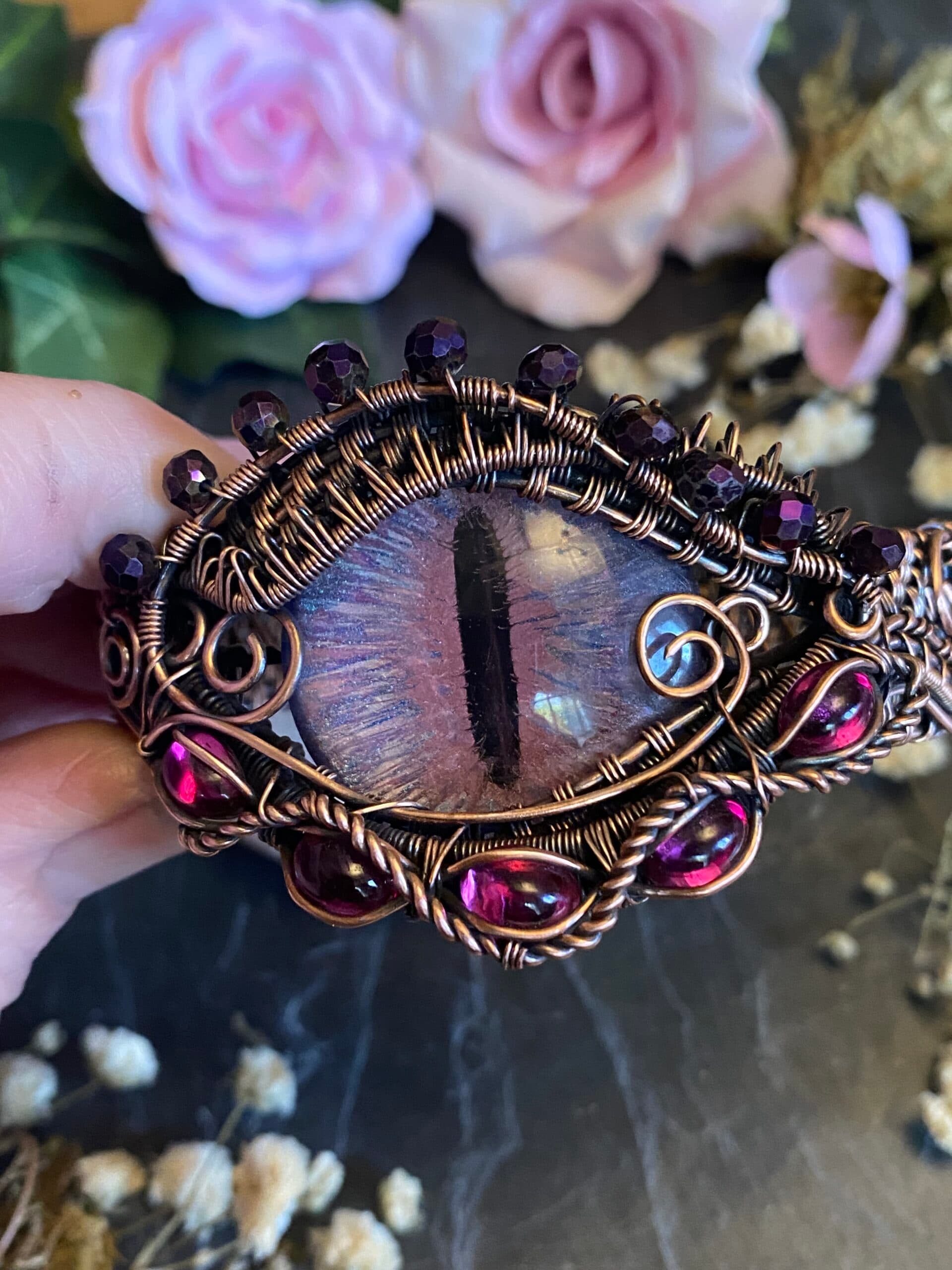 Flower Dragon Eye Cuff Bracelet | Copper Wire & Vintage Crystals, view 7