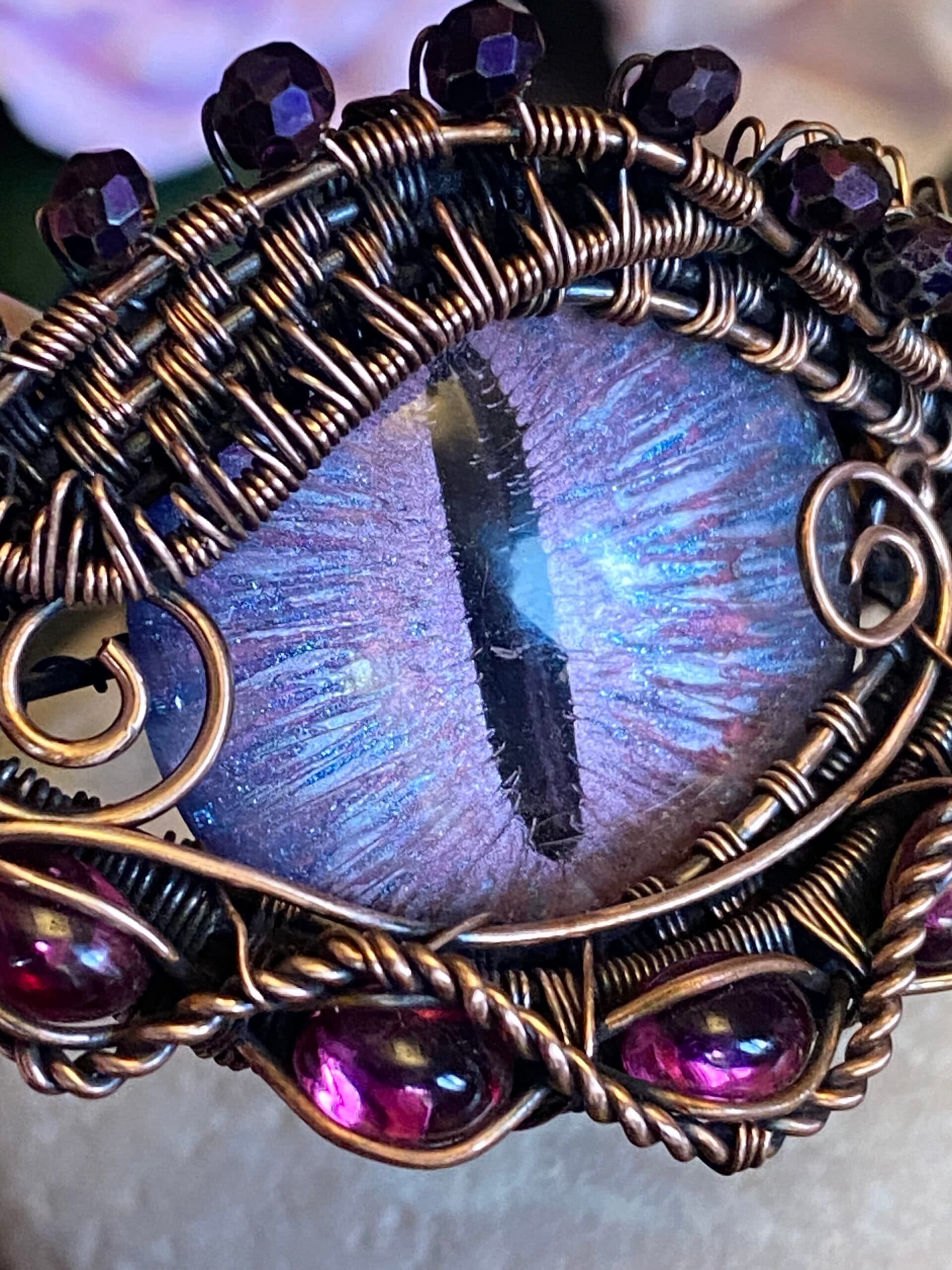 Flower Dragon Eye Cuff Bracelet | Copper Wire & Vintage Crystals, view 9