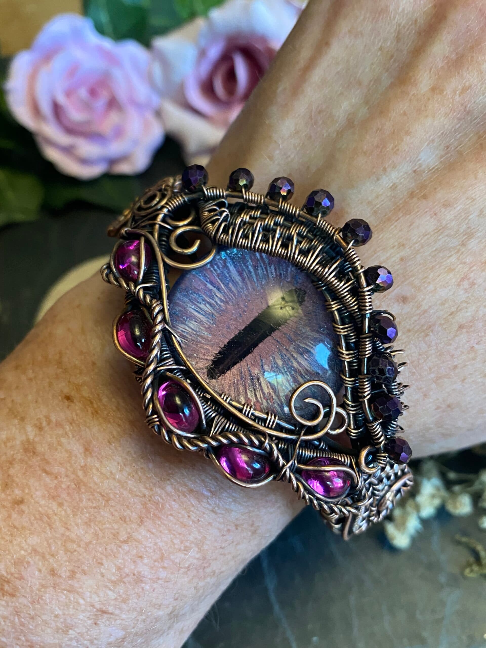 Flower Dragon Eye Cuff Bracelet | Copper Wire & Vintage Crystals, view 10