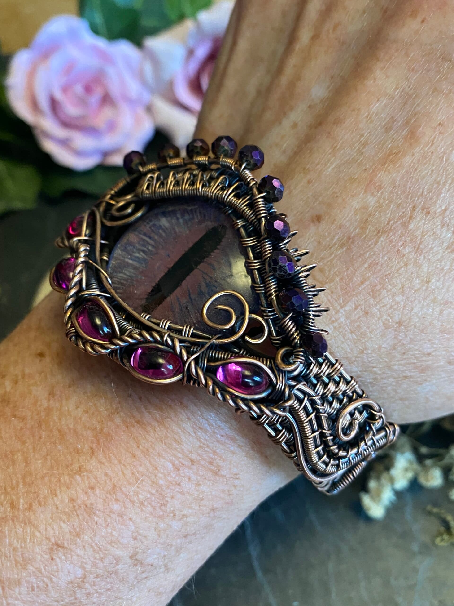 Flower Dragon Eye Cuff Bracelet | Copper Wire & Vintage Crystals, view 11