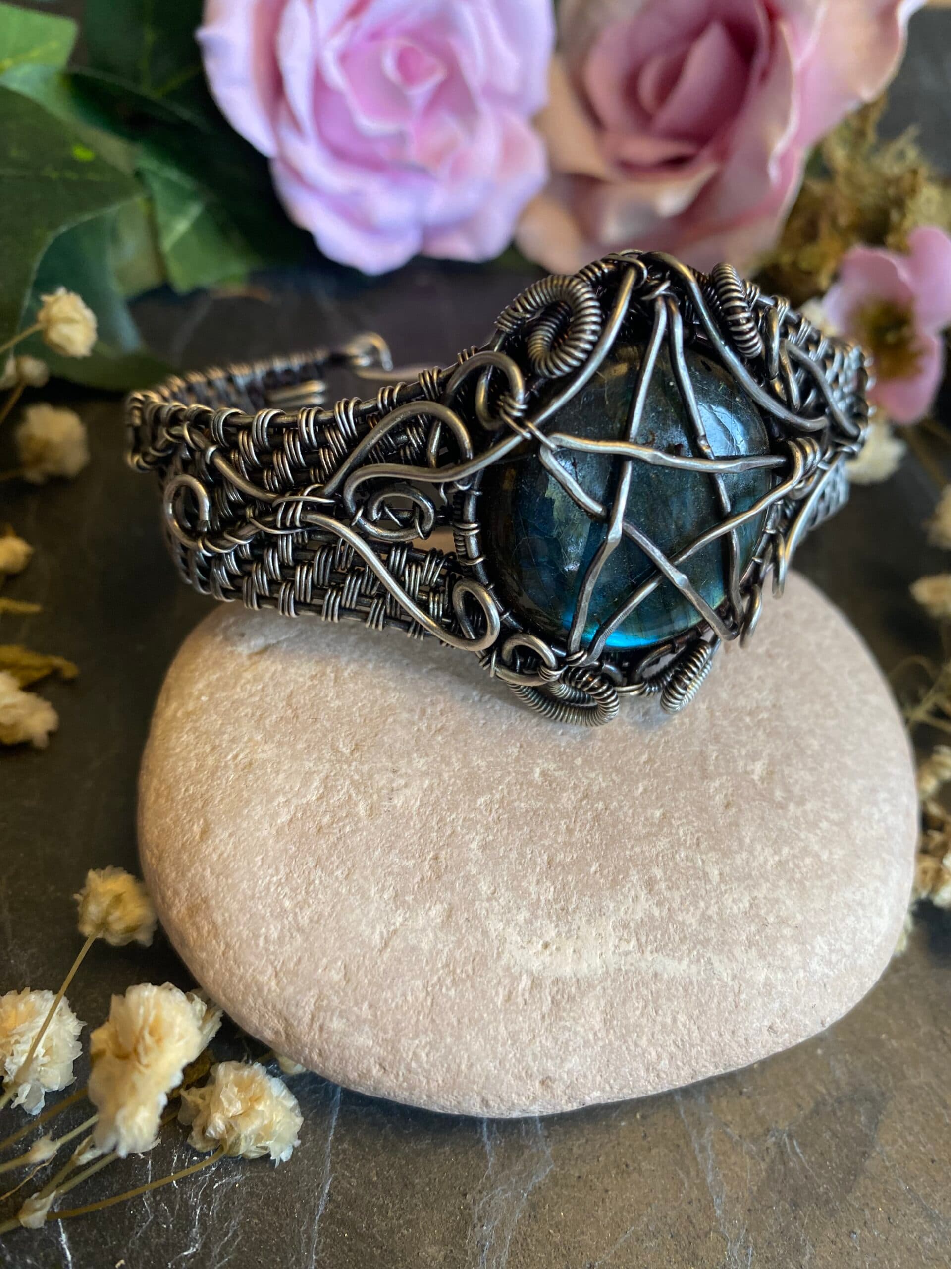 Labradorite Pentagram Cuff Bracelet | Silver Filled Wiccan Jewellery, view 3