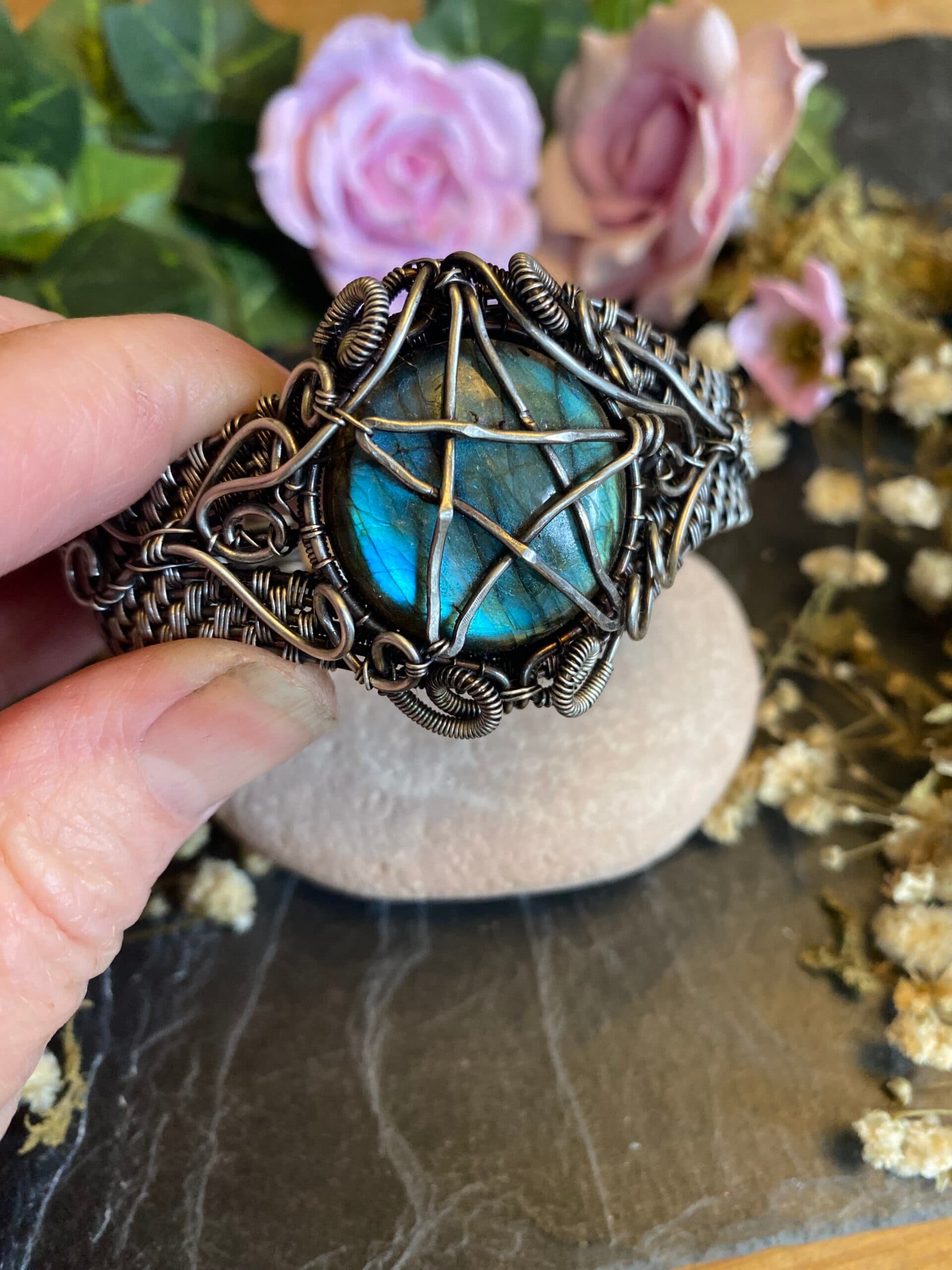 Labradorite Pentagram Cuff Bracelet | Silver Filled Wiccan Jewellery, view 6