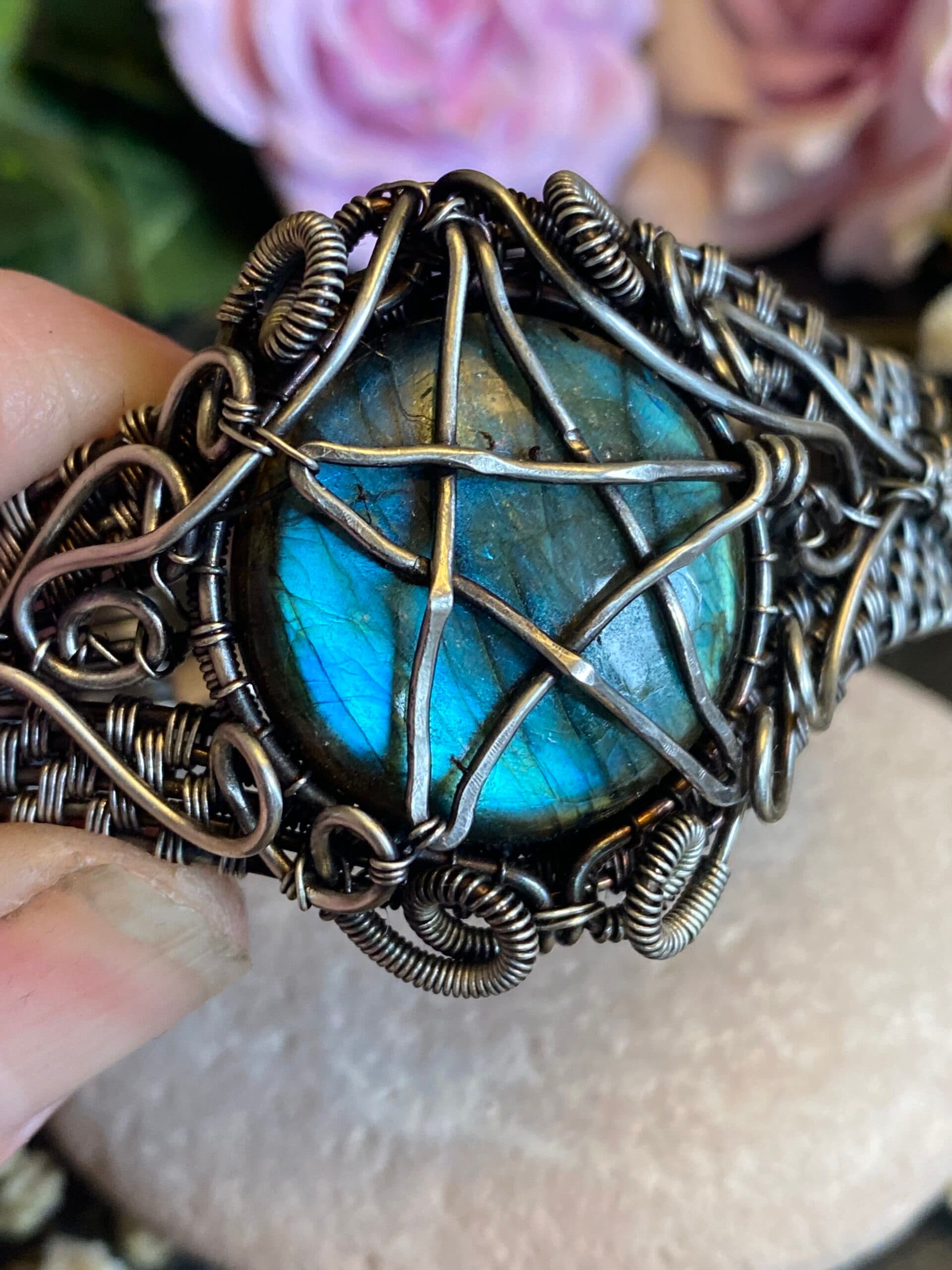 Labradorite Pentagram Cuff Bracelet | Silver Filled Wiccan Jewellery, view 7